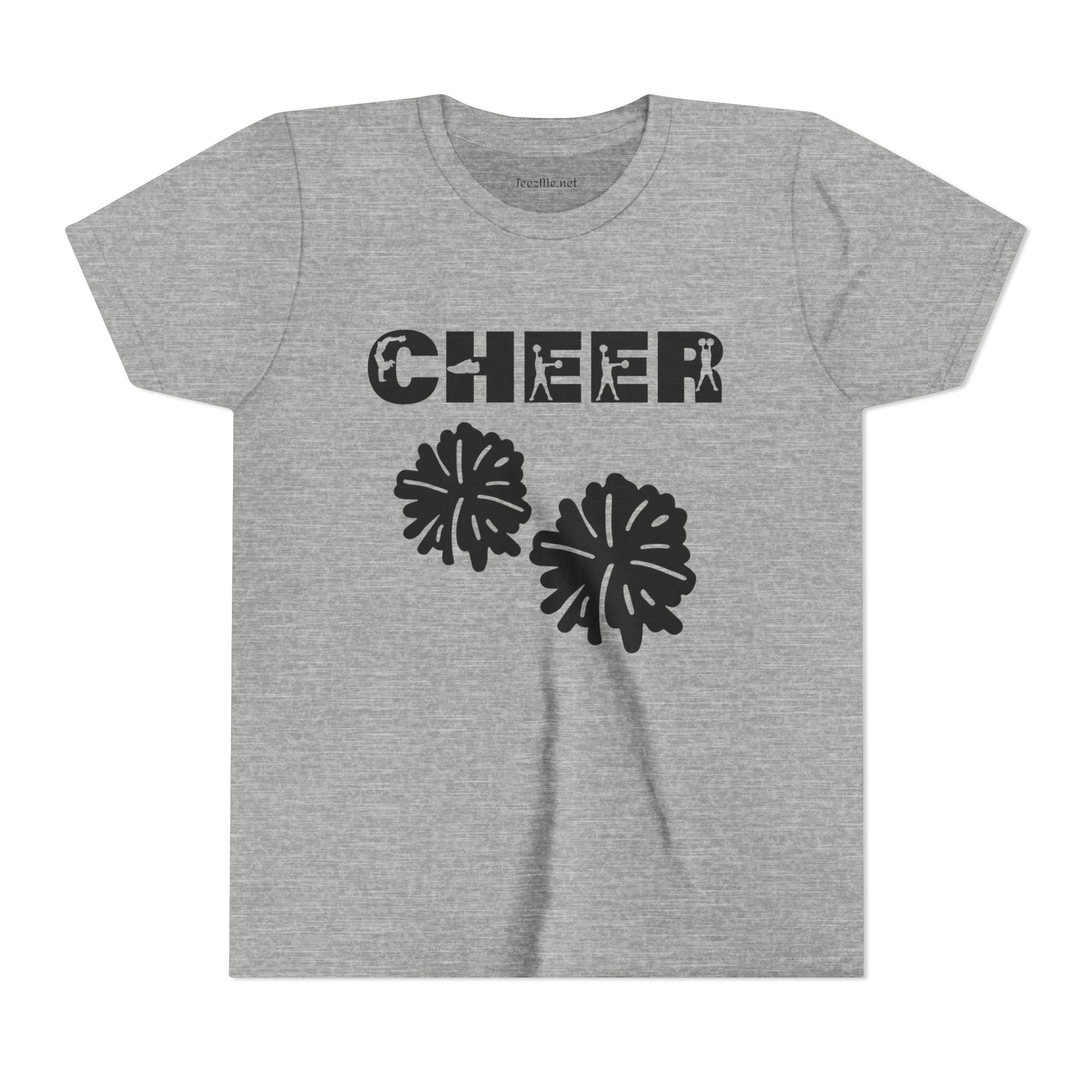 Youth Cheer T‑Shirt – 'CHEER' Graphic with Pom Poms | Kid Cheerleader Tee for Practice & Games