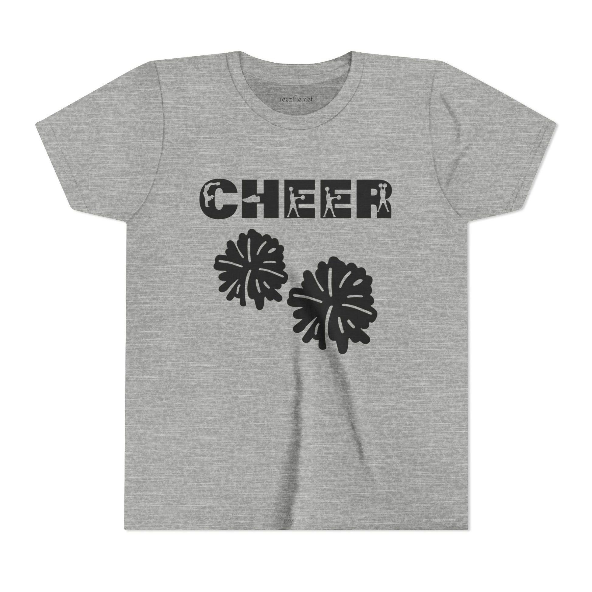 Youth Cheer T‑Shirt – 'CHEER' Graphic with Pom Poms | Kid Cheerleader Tee for Practice & Games