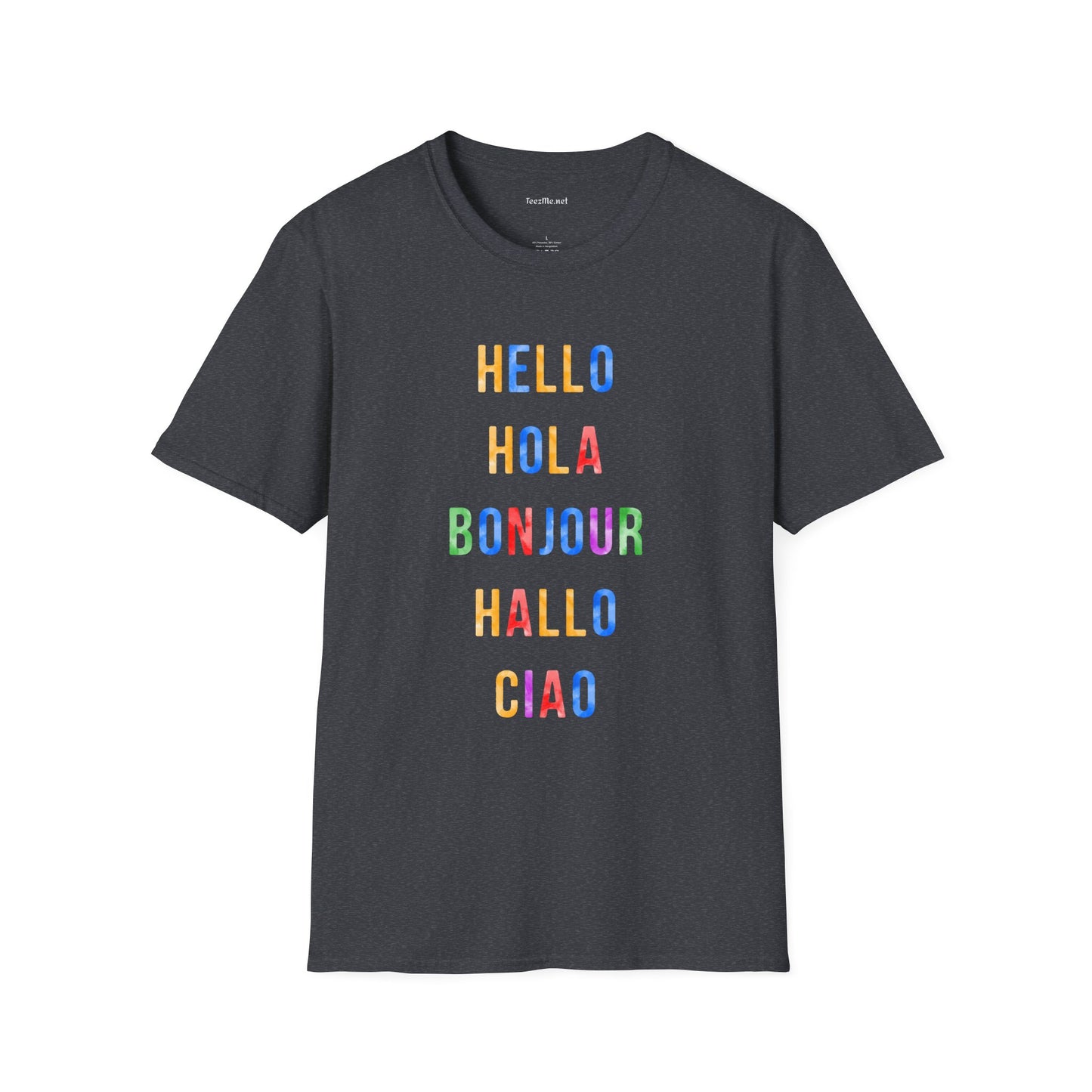 HELLO HOLA BONJOUR HALLO CIAO Unisex Softstyle T-Shirt 100% Cotton Graphic