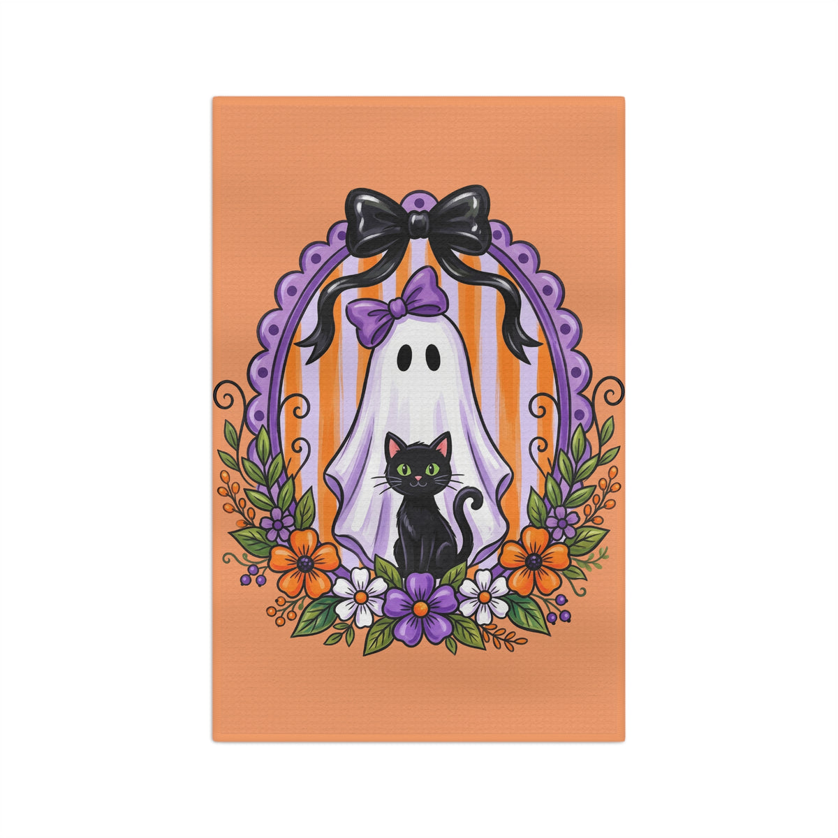 Halloween Ghost & Black Cat Tea Towel — Cute Orange Spooky Kitchen Towel
