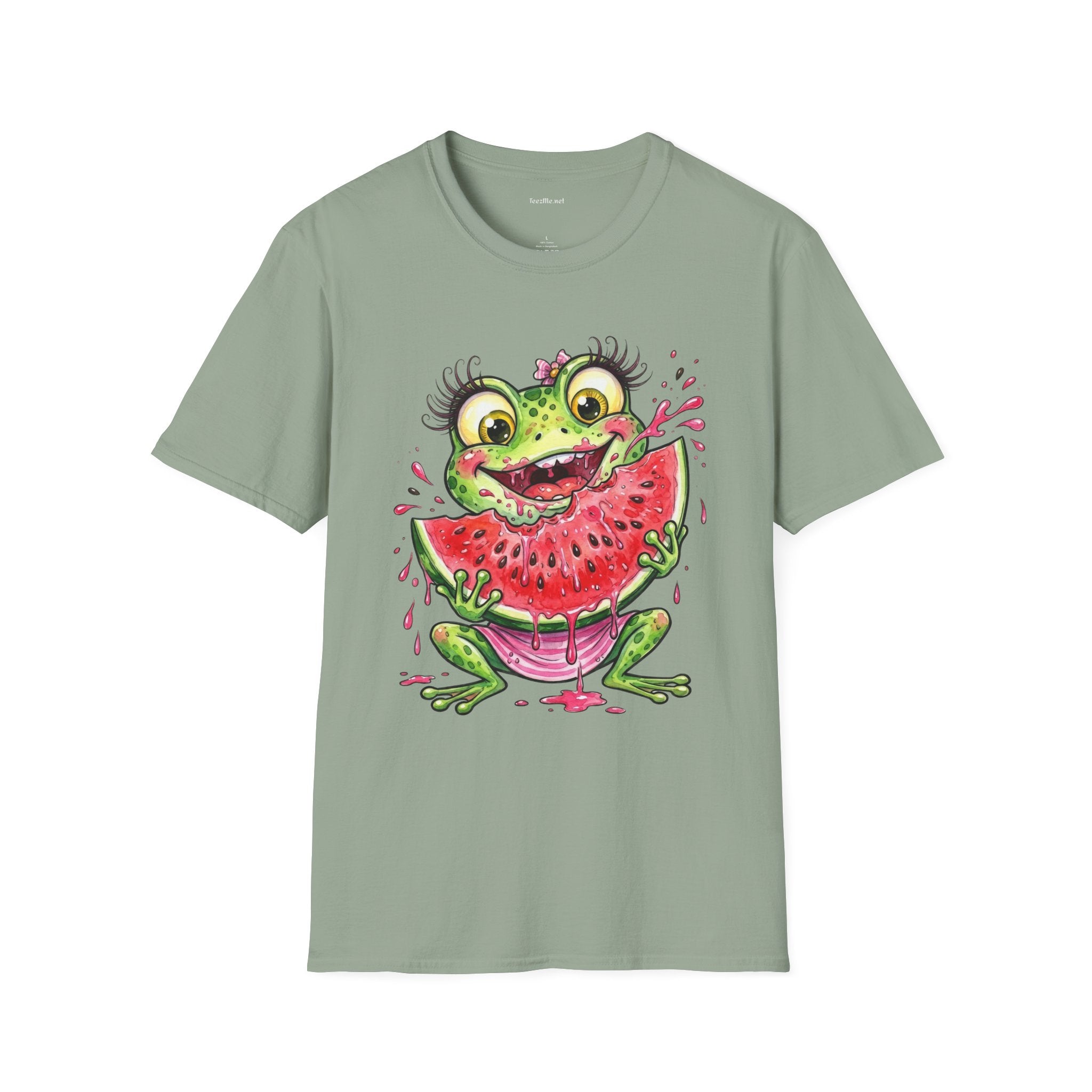Kawaii Frog Eating Watermelon Unisex Softstyle T-Shirt 100% Cotton Graphic