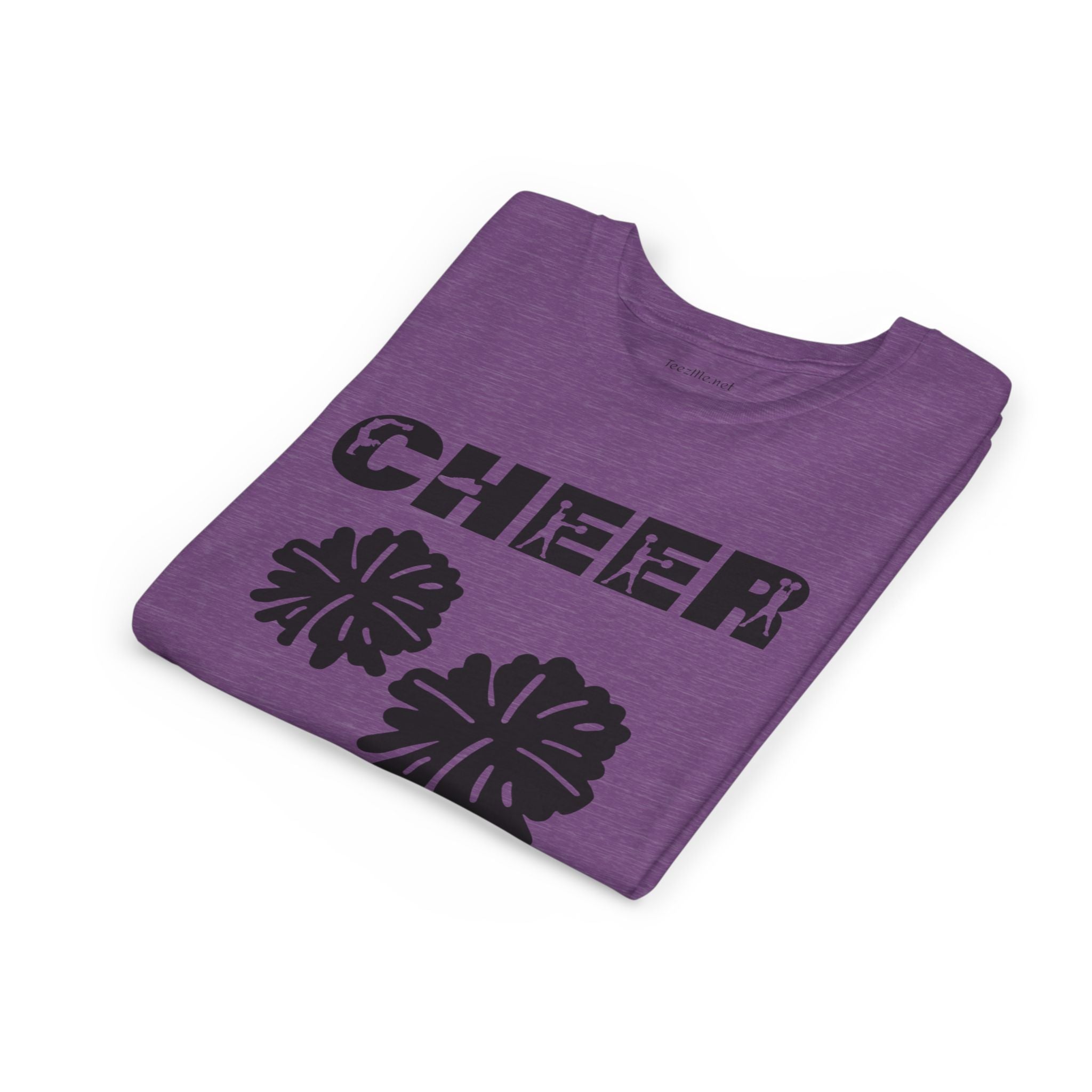 Youth Cheer T‑Shirt – 'CHEER' Graphic with Pom Poms | Kid Cheerleader Tee for Practice & Games