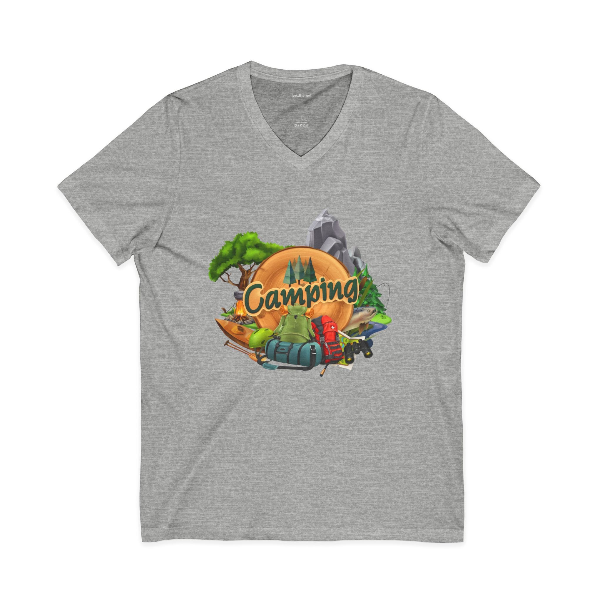 Camping Graphic V-Neck Tee — Outdoor Adventure Tent & Campfire Shirt