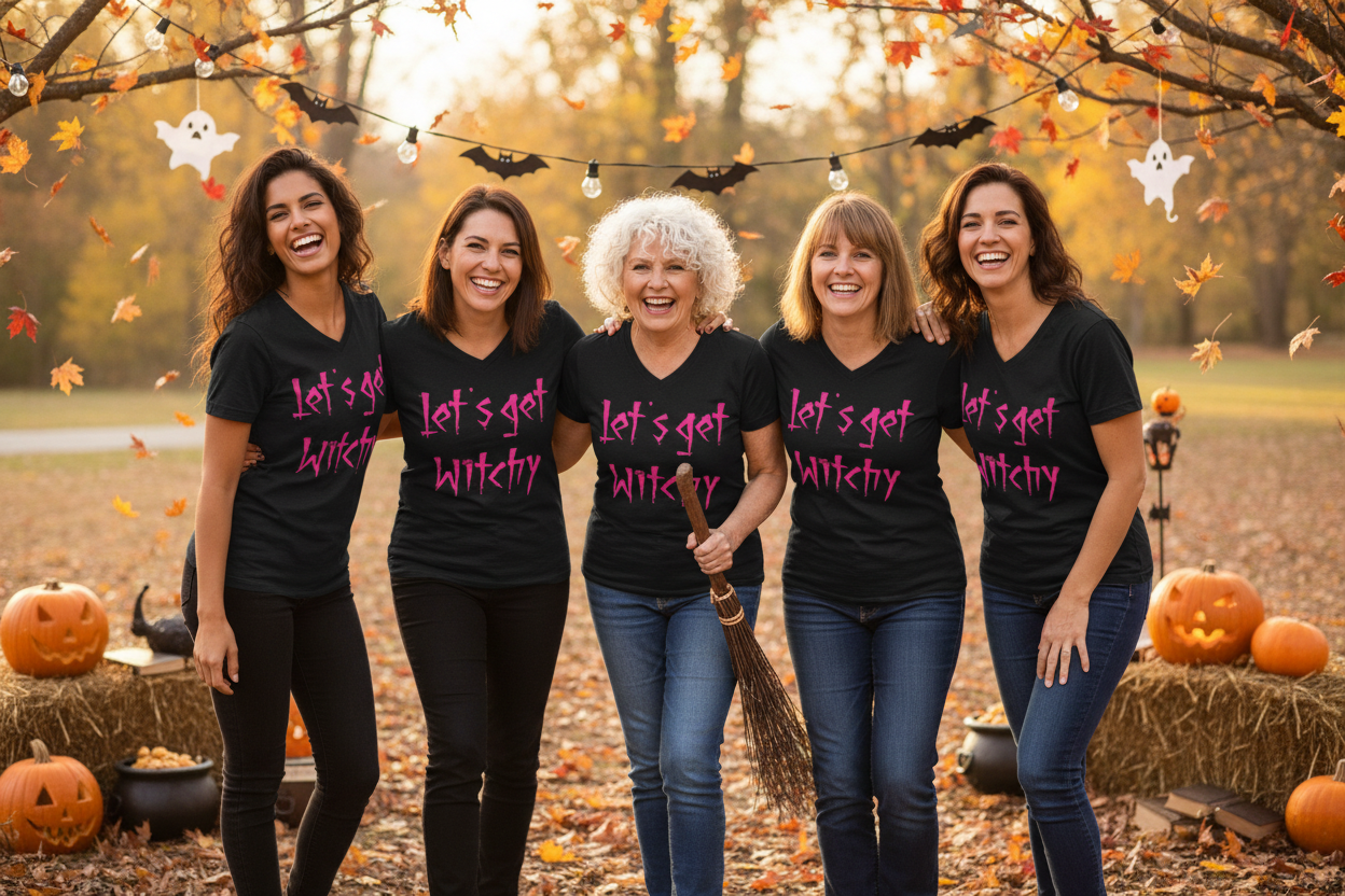Let's Get Witchy V-Neck Tee — Pink Witch Shirt