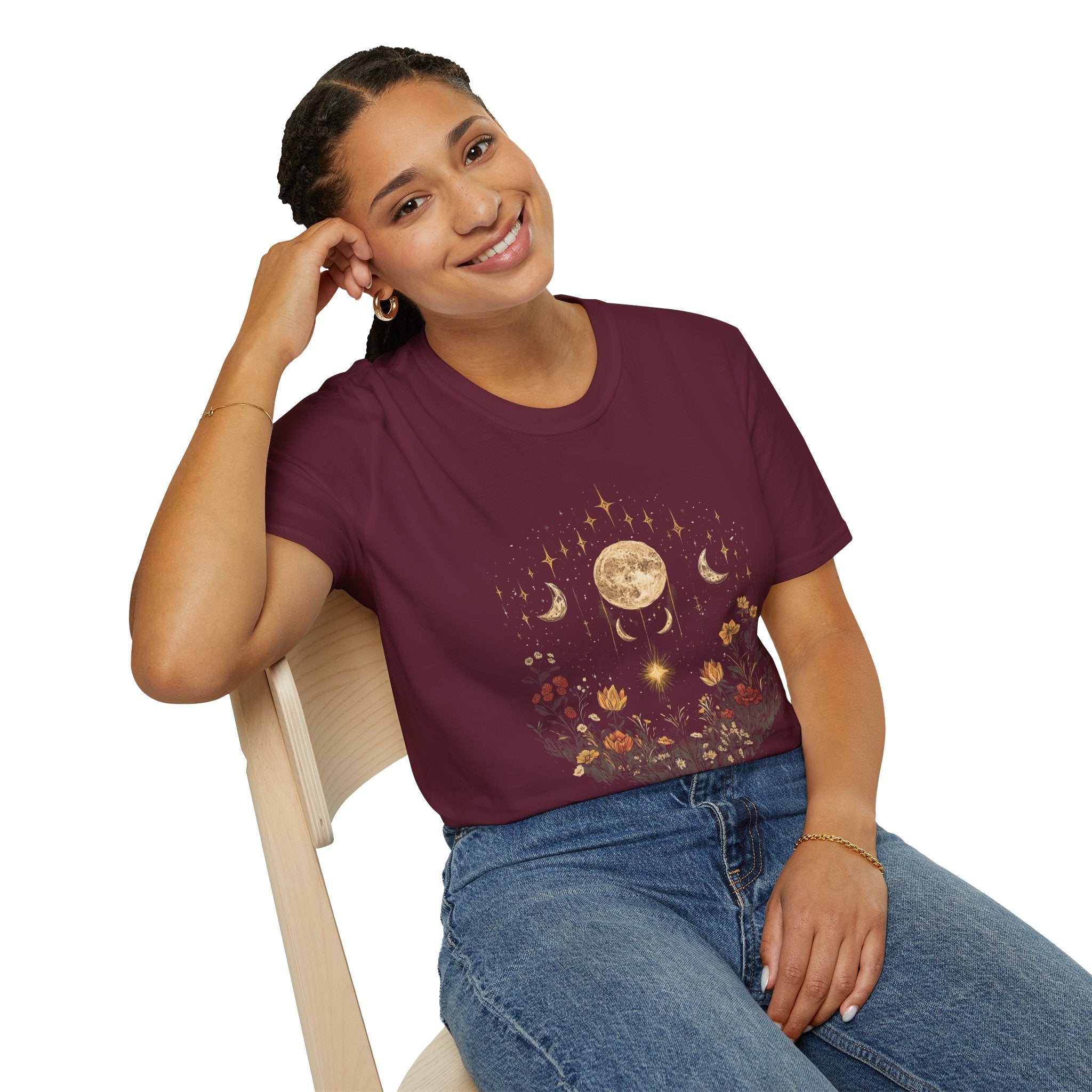 BOHO Moon Floral1 Unisex Softstyle T-Shirt 100% Cotton Graphic
