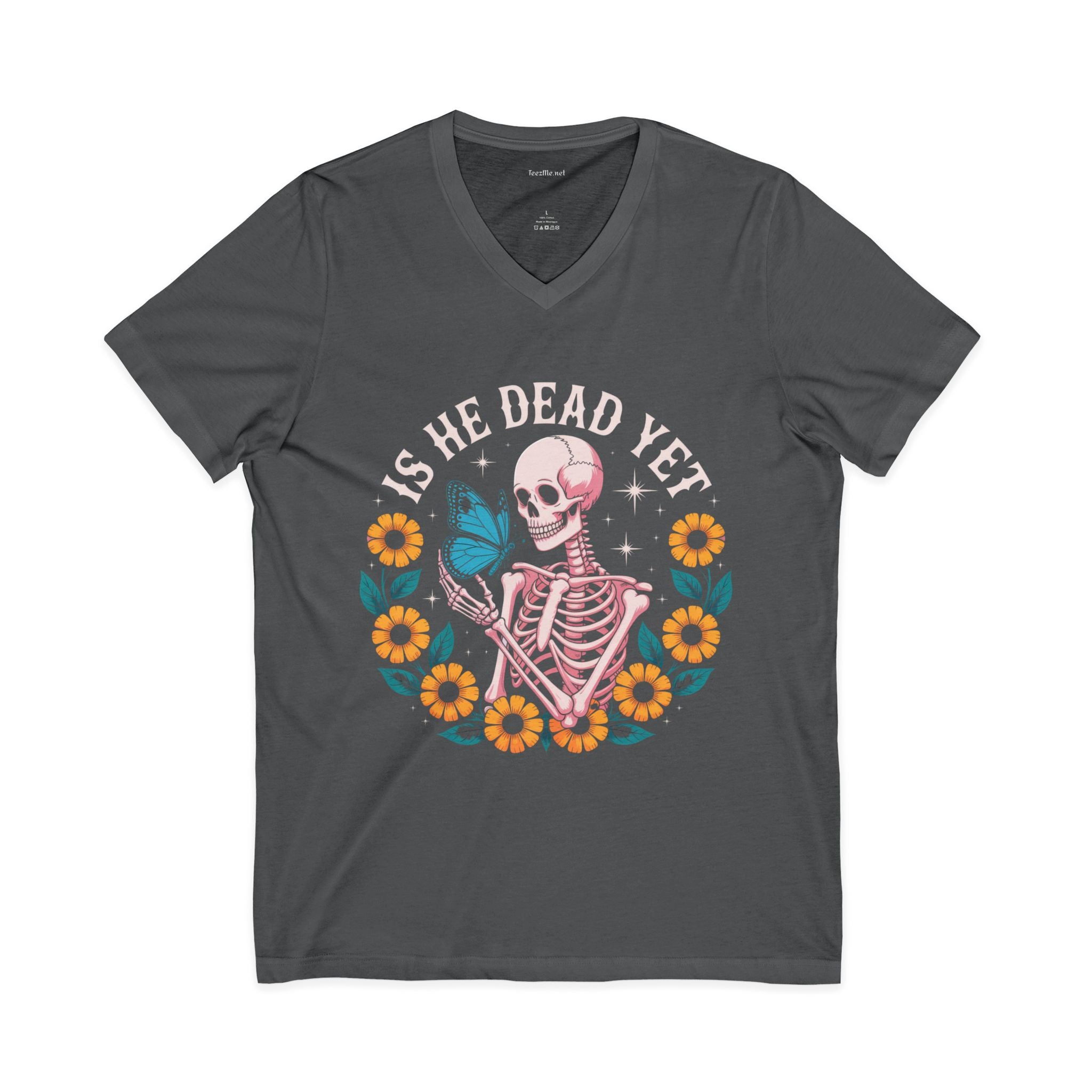 Is He Dead Yet? Skeleton Butterfly V-Neck Tee