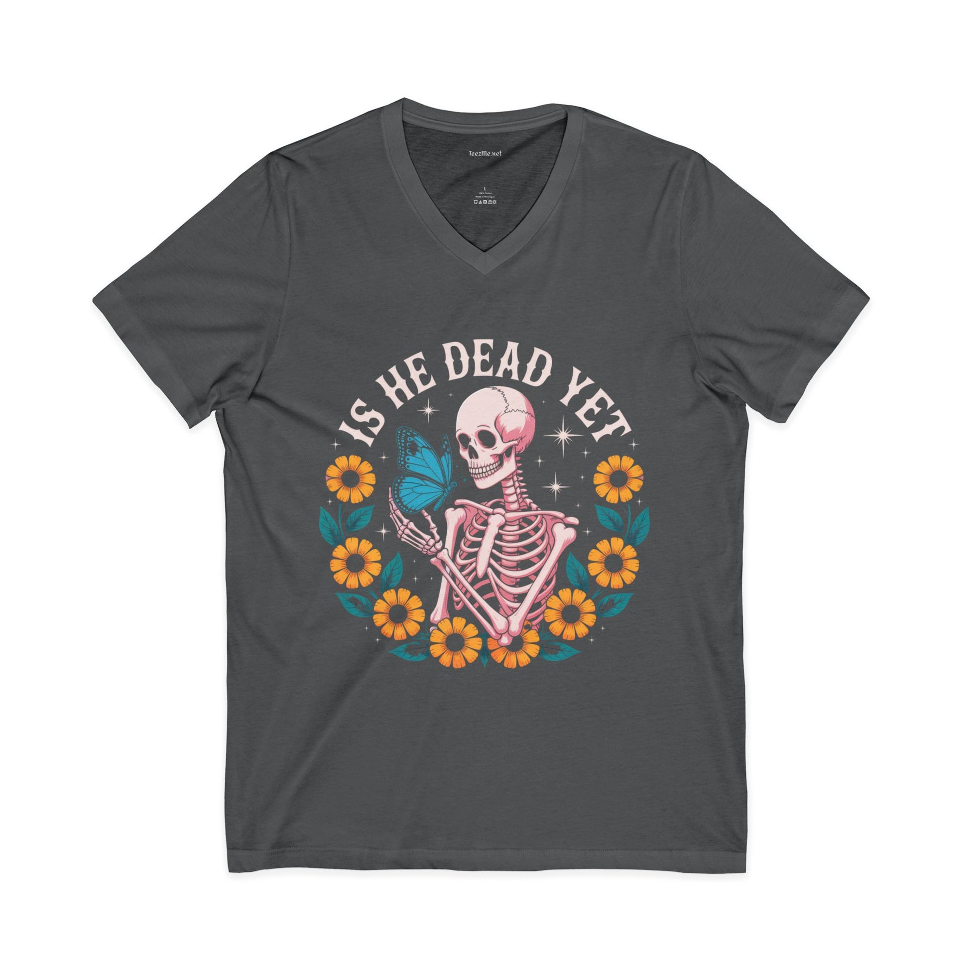 Is He Dead Yet? Skeleton Butterfly V-Neck Tee