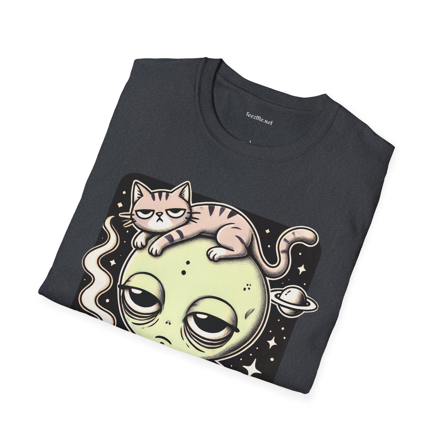 Sleepy Alien with Cat Unisex Softstyle T-Shirt 100% Cotton Graphic