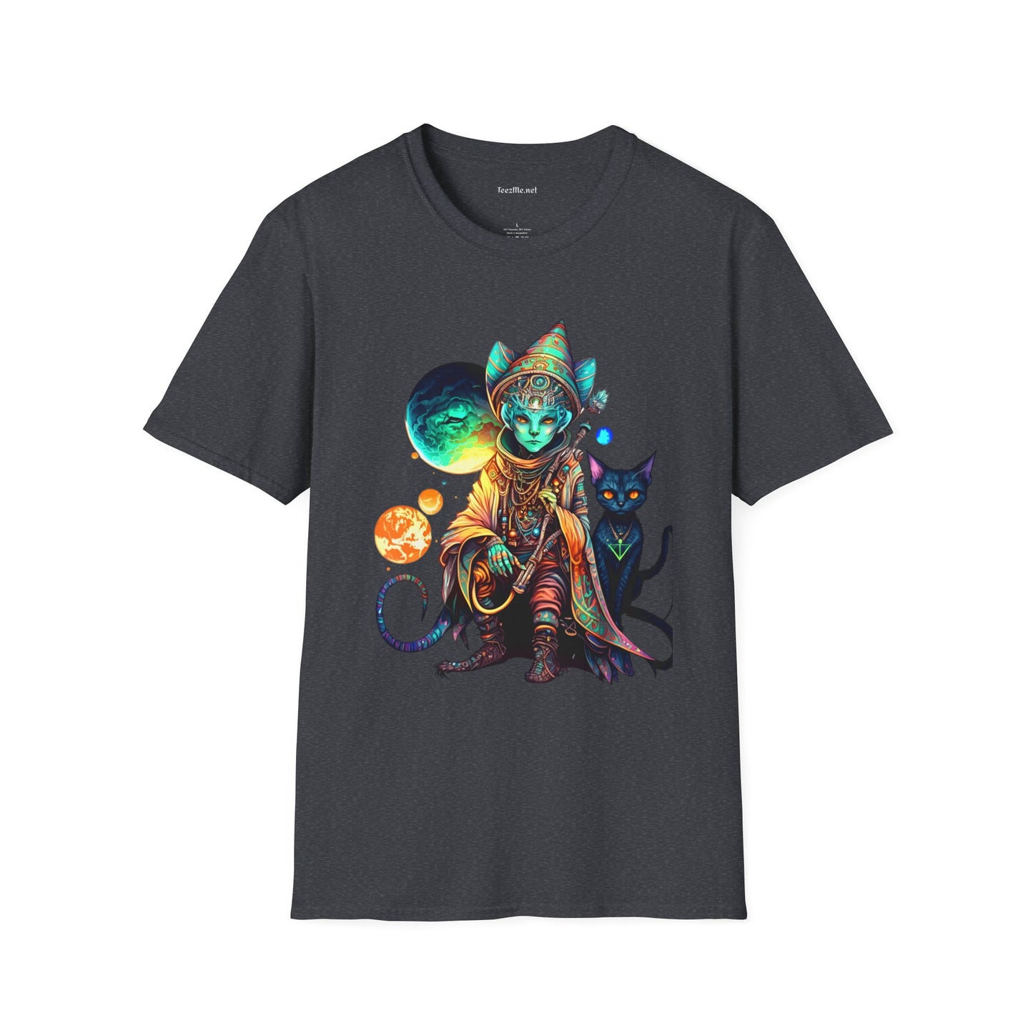 Alien Wizard with Cat Unisex Softstyle T-Shirt 100% Cotton Graphic