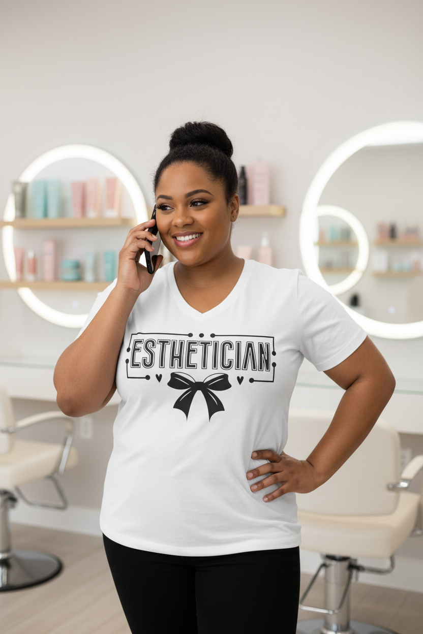 Esthetician with bow Unisex Jersey Short Sleeve V-Neck Tee
