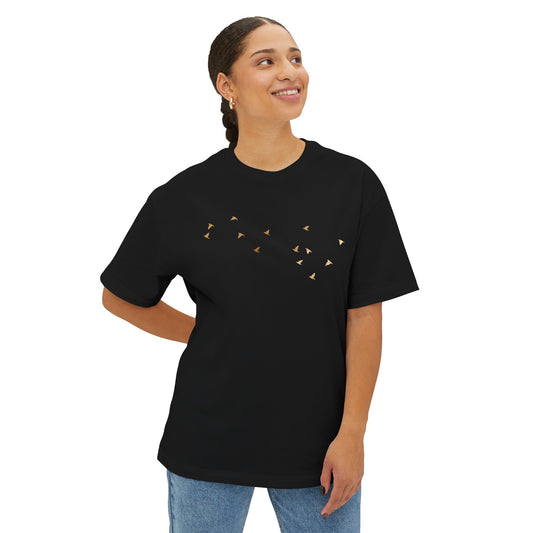 Gold Birds in flight (front&back) - Unisex Oversized Boxy Tee