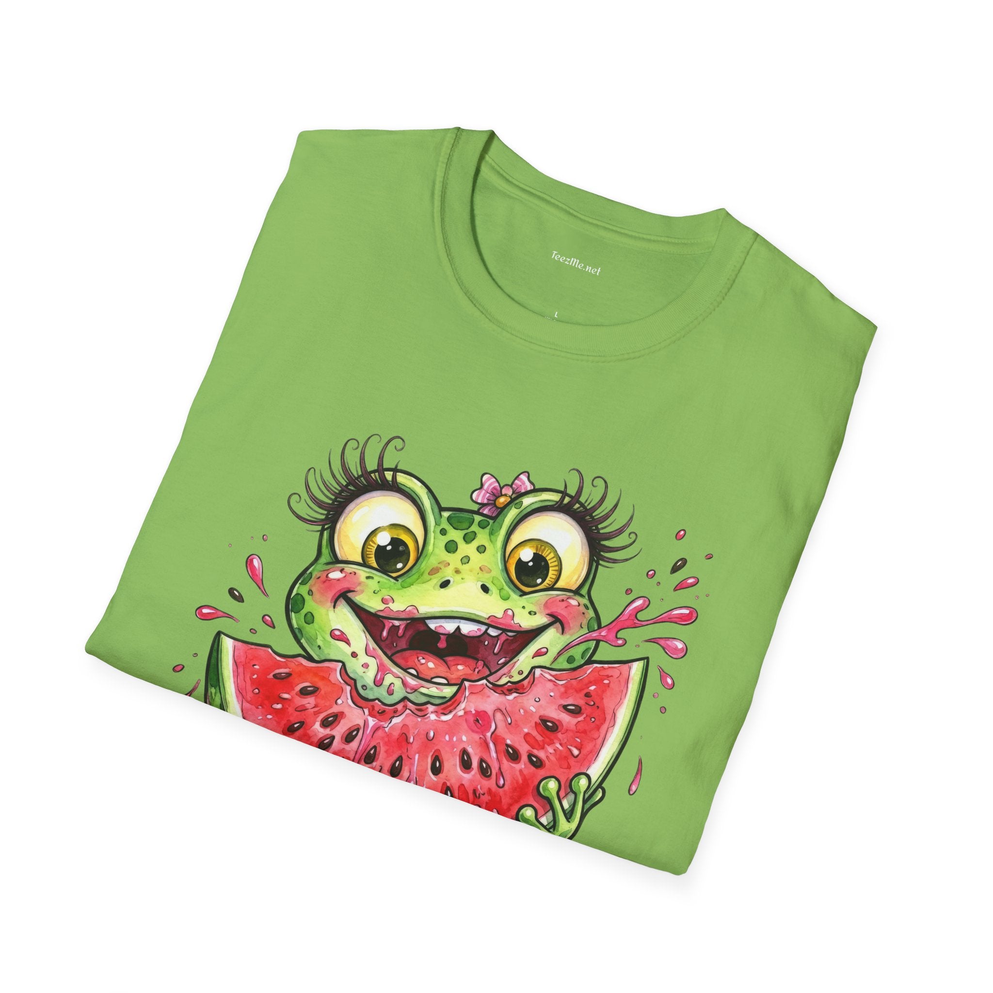 Kawaii Frog Eating Watermelon Unisex Softstyle T-Shirt 100% Cotton Graphic