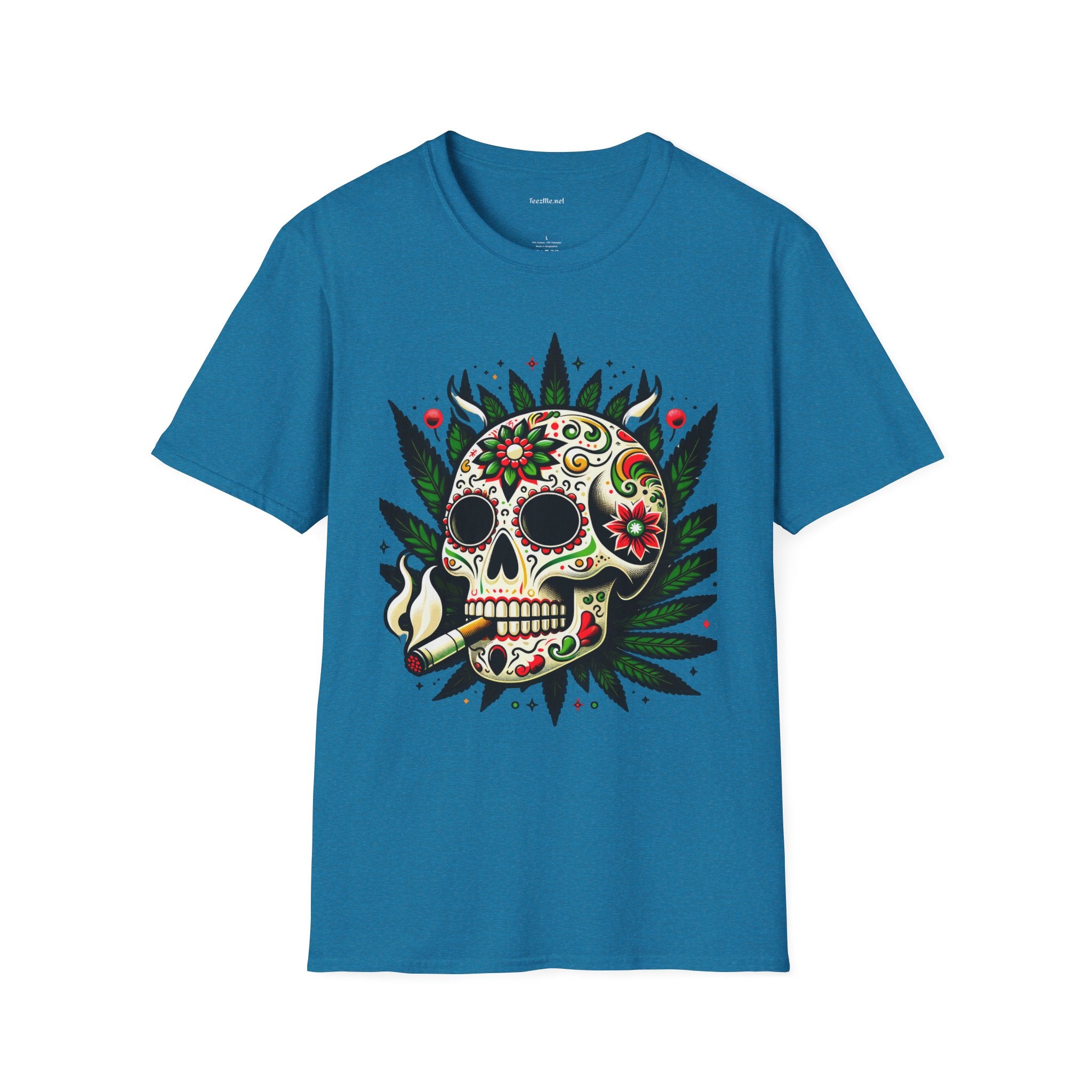 Sugar Skull Smoking Weed Unisex Softstyle T-Shirt 100% Cotton Graphic