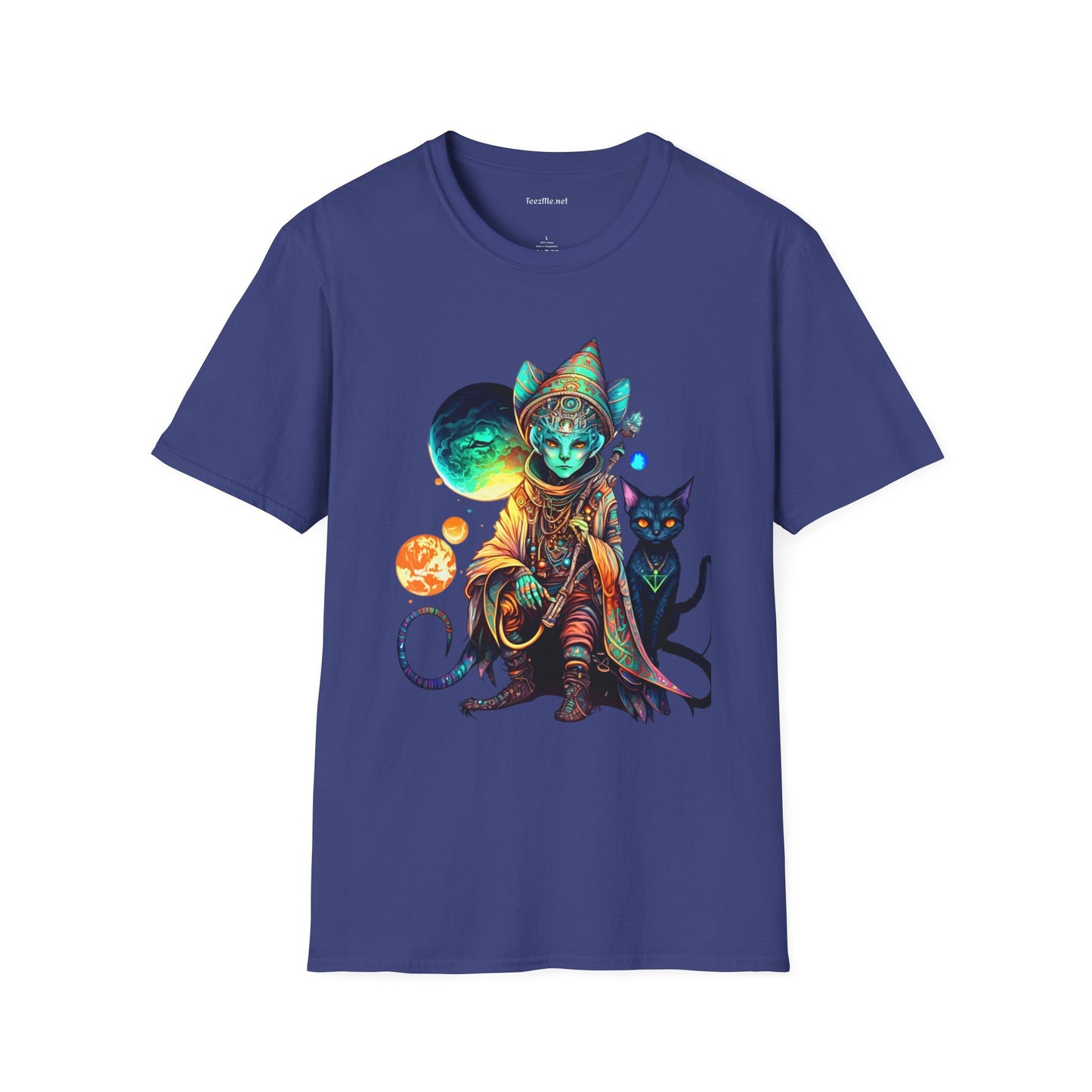 Alien Wizard with Cat Unisex Softstyle T-Shirt 100% Cotton Graphic