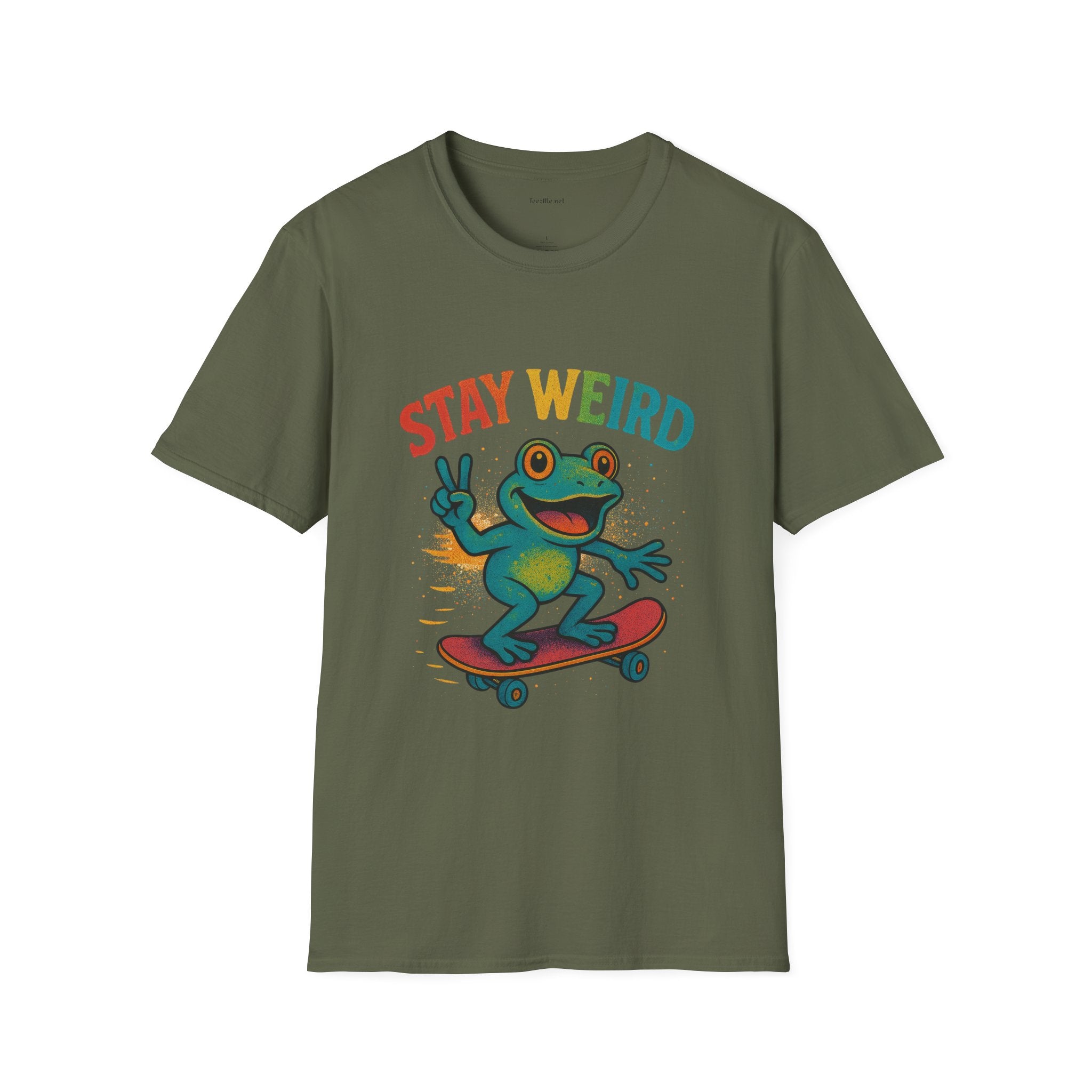 Stay Weird Frog T-Shirt — Retro Rainbow Skateboarding Frog Graphic Tee