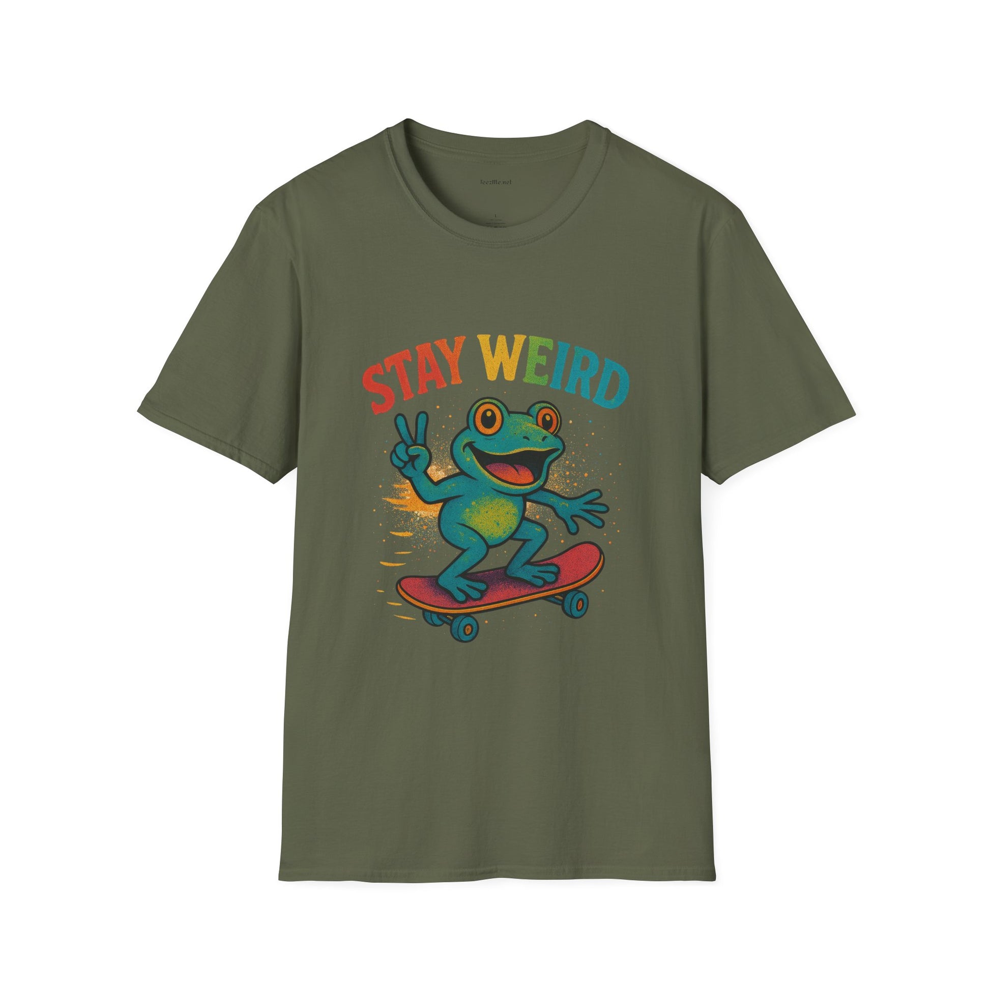 Stay Weird Frog T-Shirt — Retro Rainbow Skateboarding Frog Graphic Tee