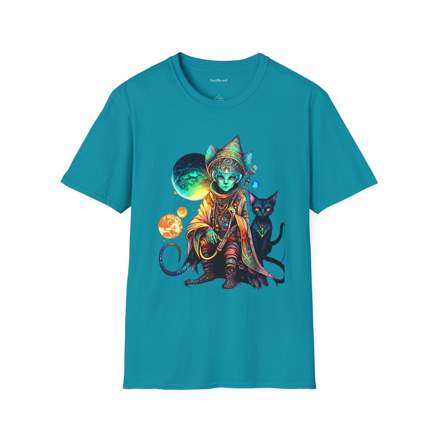 Alien Wizard with Cat Unisex Softstyle T-Shirt 100% Cotton Graphic