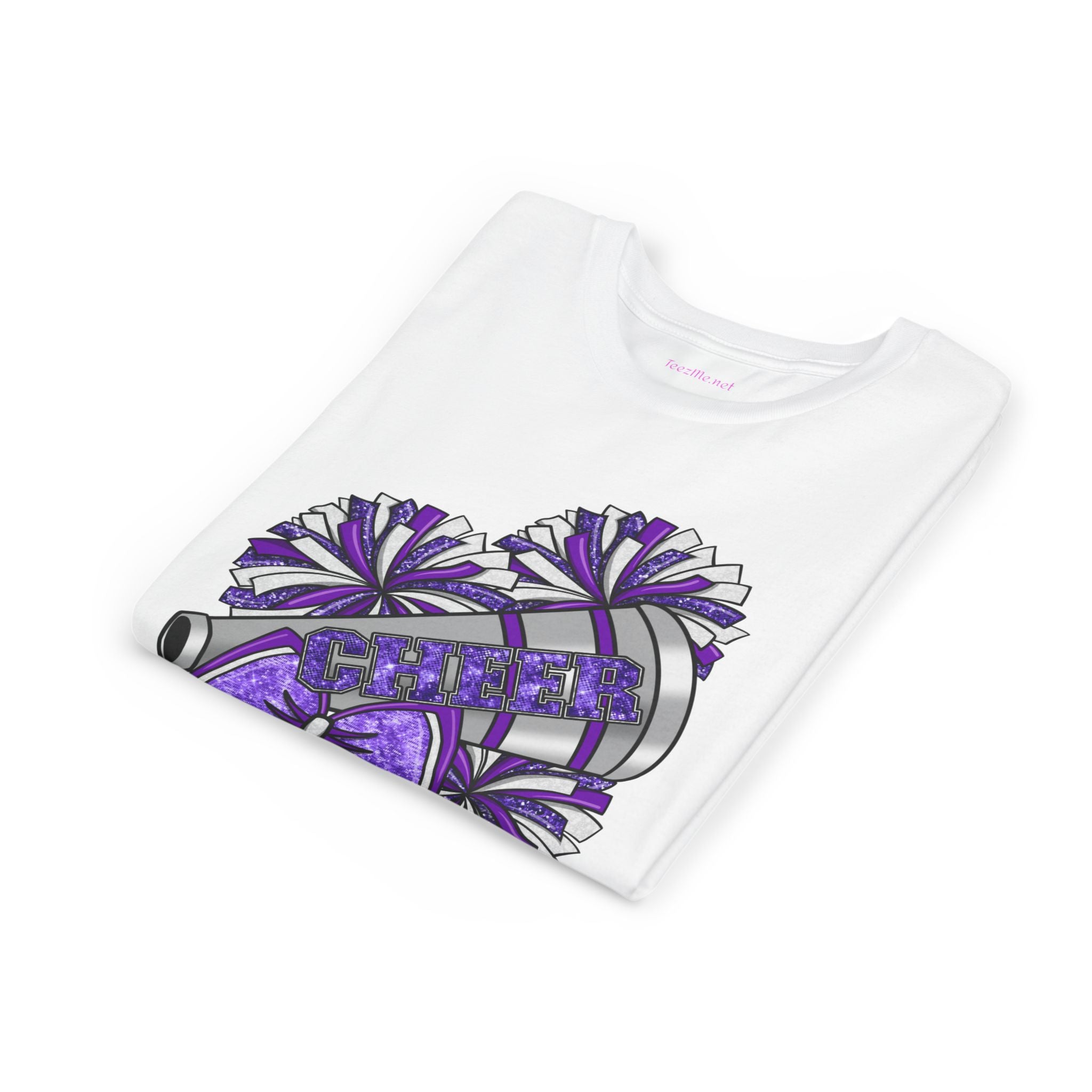 Youth Cheerleader Tee — Purple Pom-Pom & Megaphone Cheer Shirt