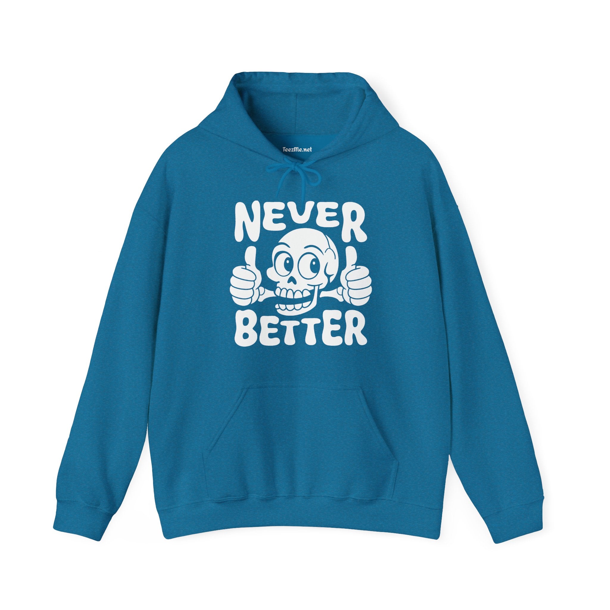 Never Better Skull Hoodie — Retro Thumbs-Up Graphic Pullover