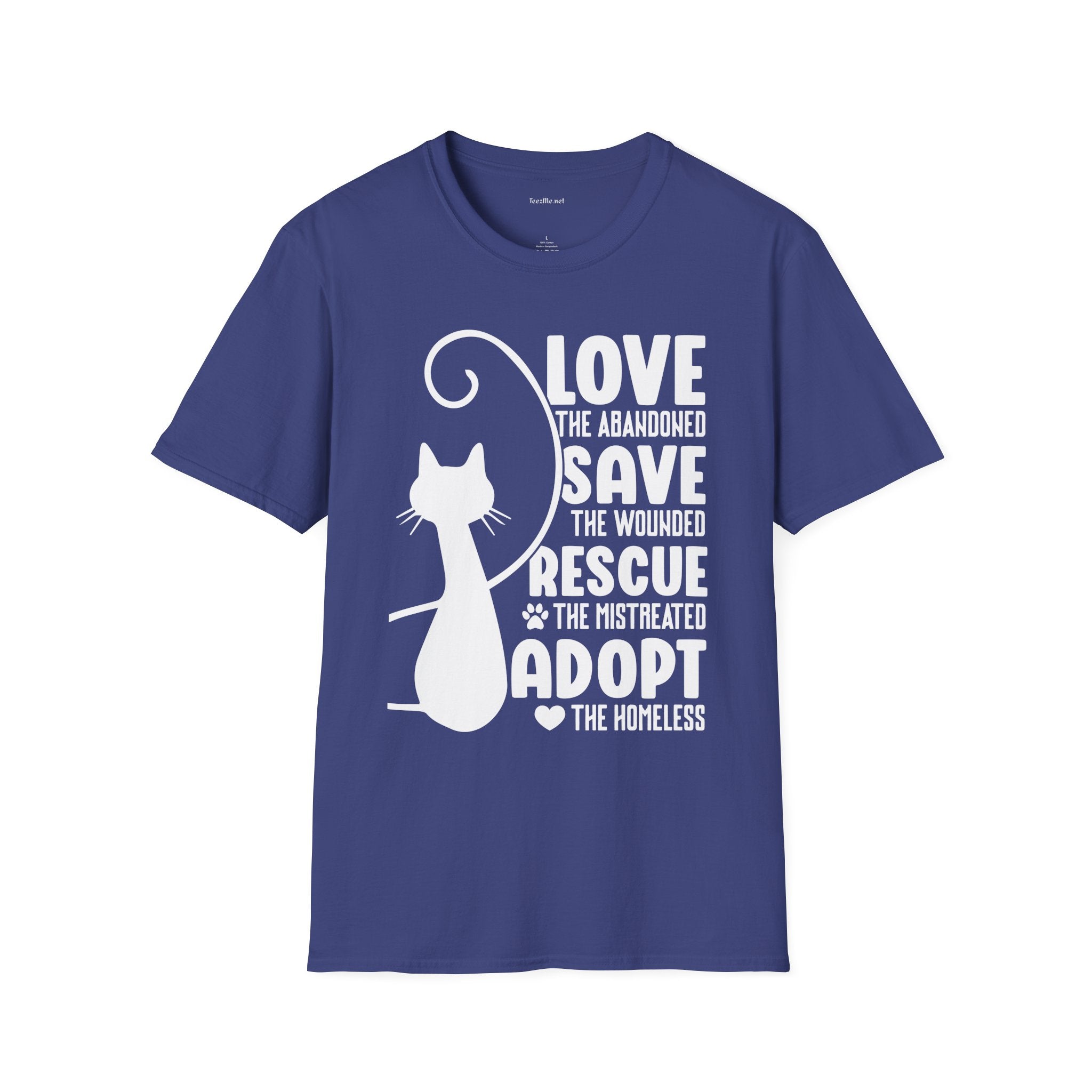 Cat Rescue T-Shirt — "Love the Abandoned, Save the Wounded" Adoption Tee