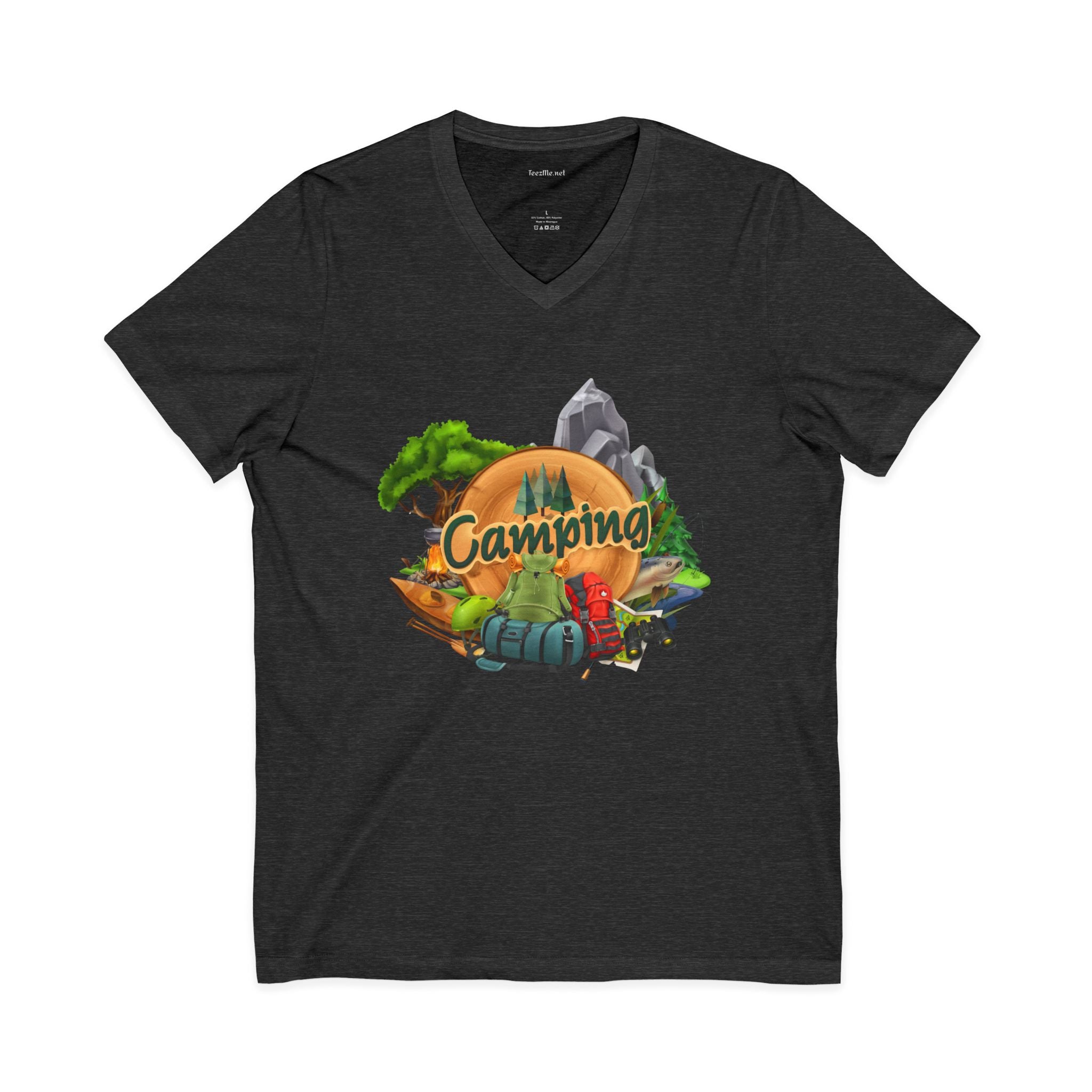 Camping Graphic V-Neck Tee — Outdoor Adventure Tent & Campfire Shirt