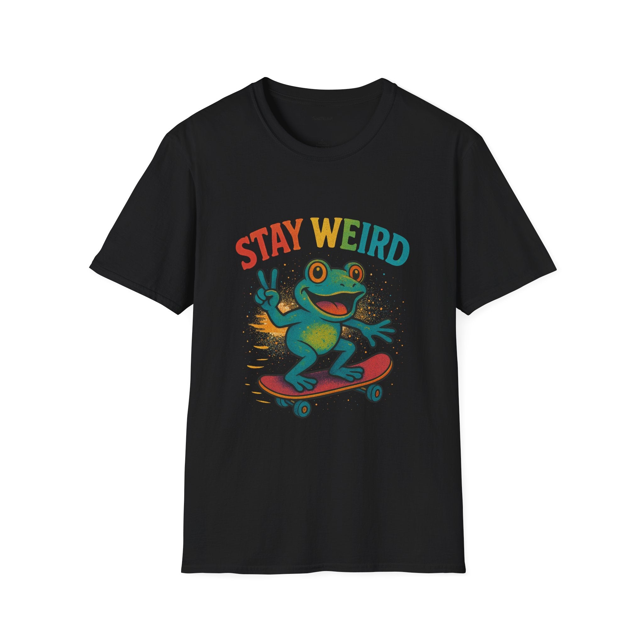 Stay Weird Frog T-Shirt — Retro Rainbow Skateboarding Frog Graphic Tee