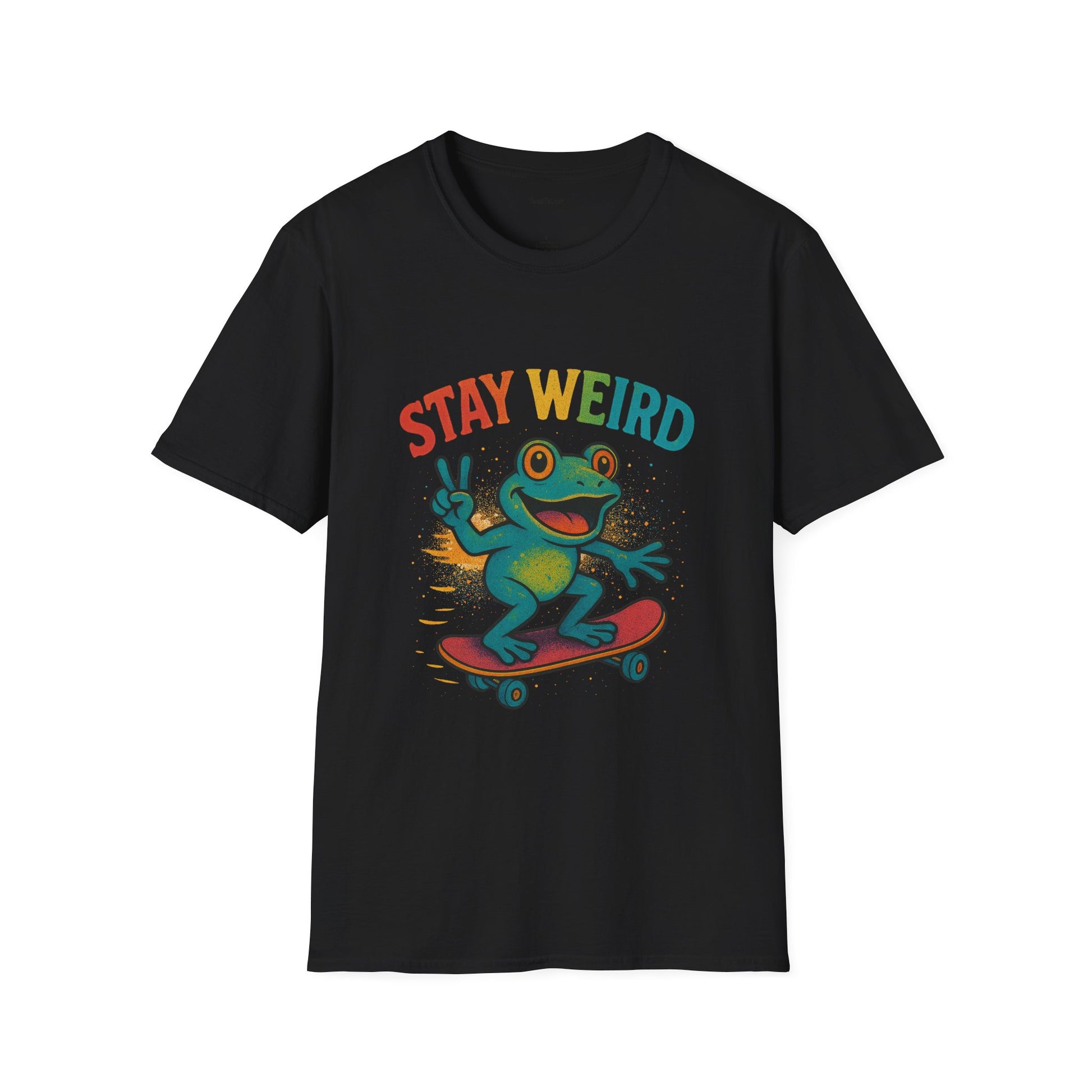 Stay Weird Frog T-Shirt — Retro Rainbow Skateboarding Frog Graphic Tee