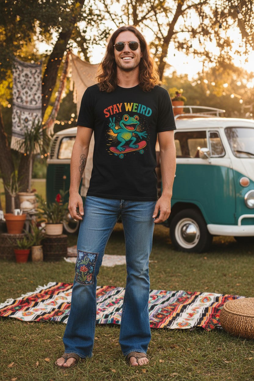 Stay Weird Frog T-Shirt — Retro Rainbow Skateboarding Frog Graphic Tee
