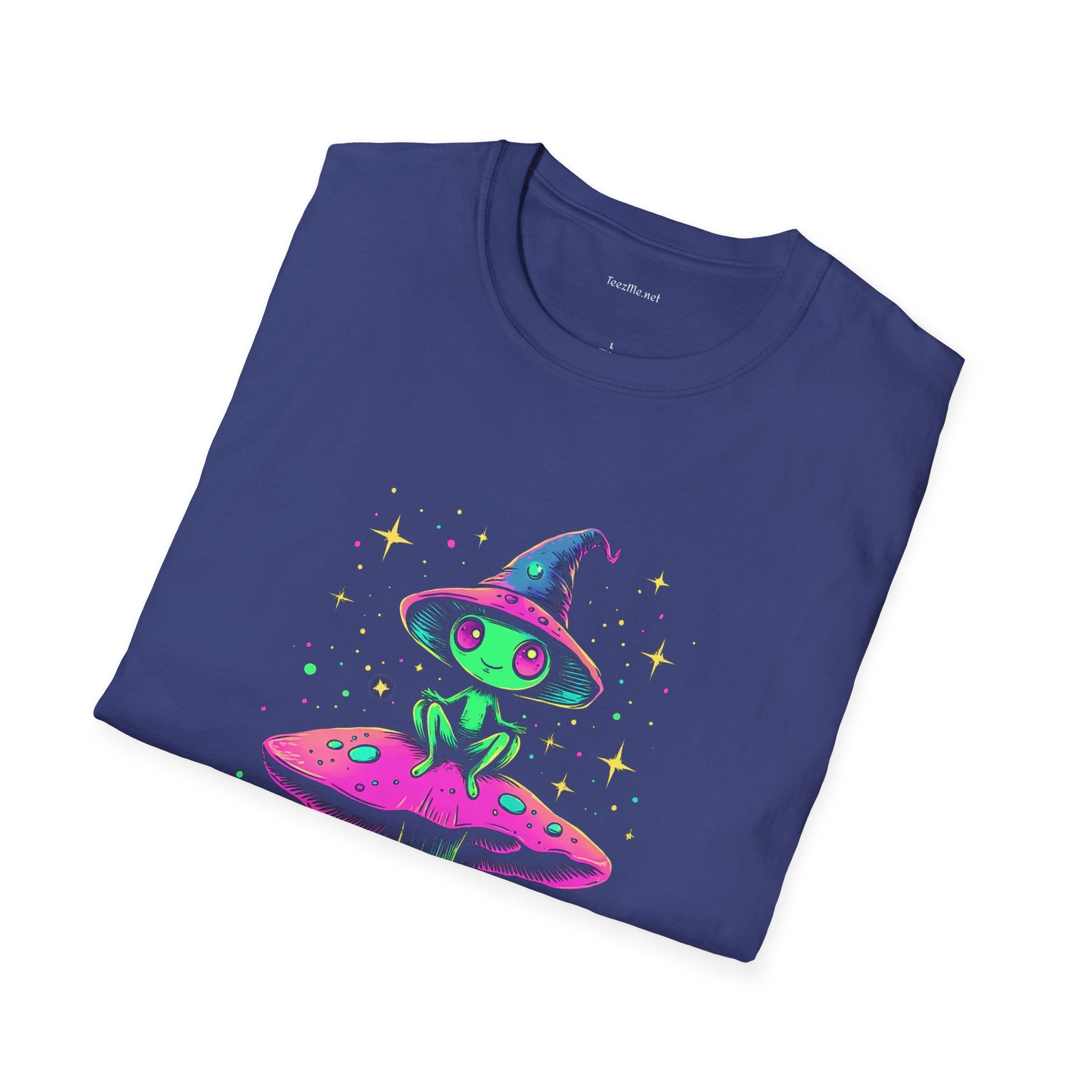 Alien sitting on mushroom - Unisex Softstyle T-Shirt 100% Cotton Graphic