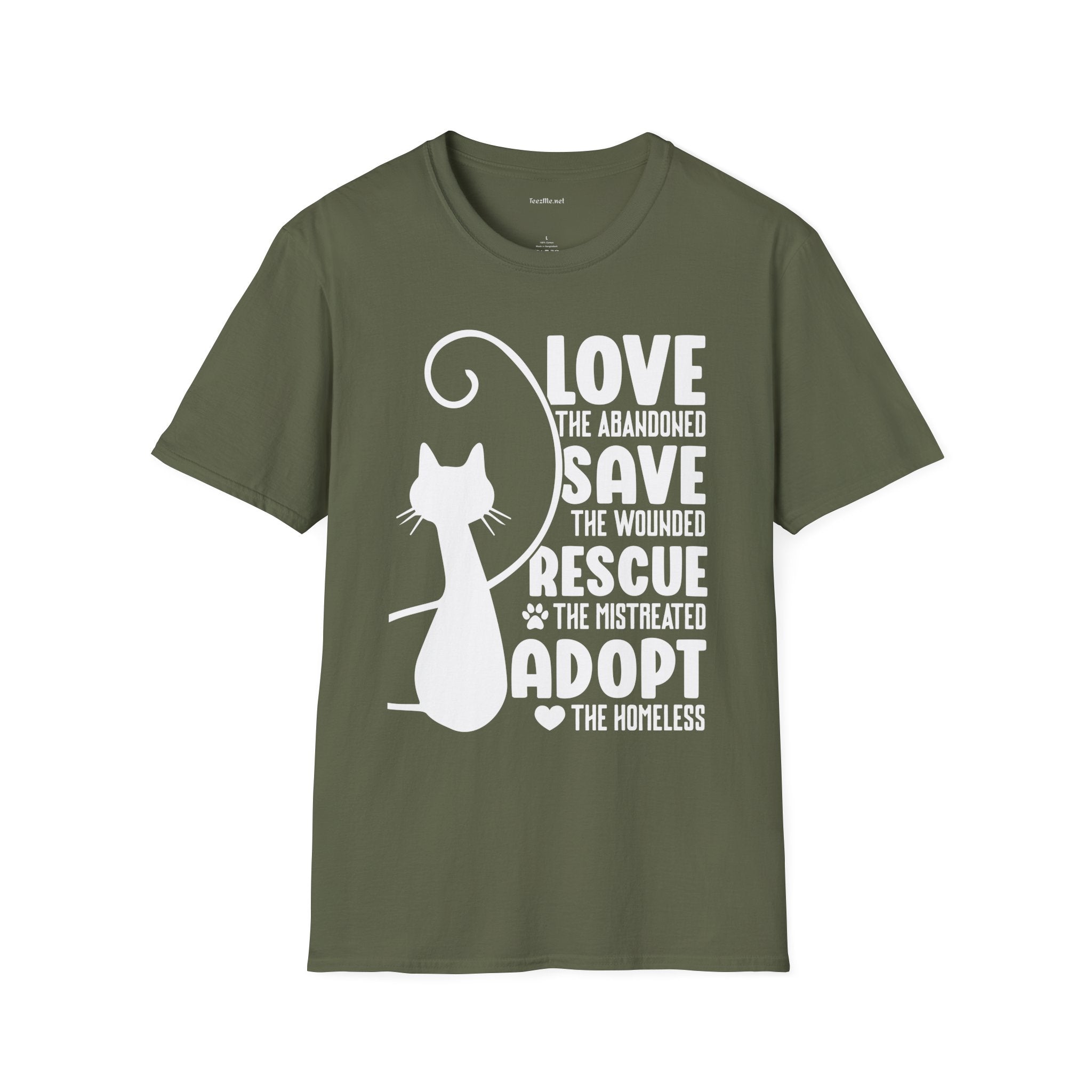Cat Rescue T-Shirt — "Love the Abandoned, Save the Wounded" Adoption Tee