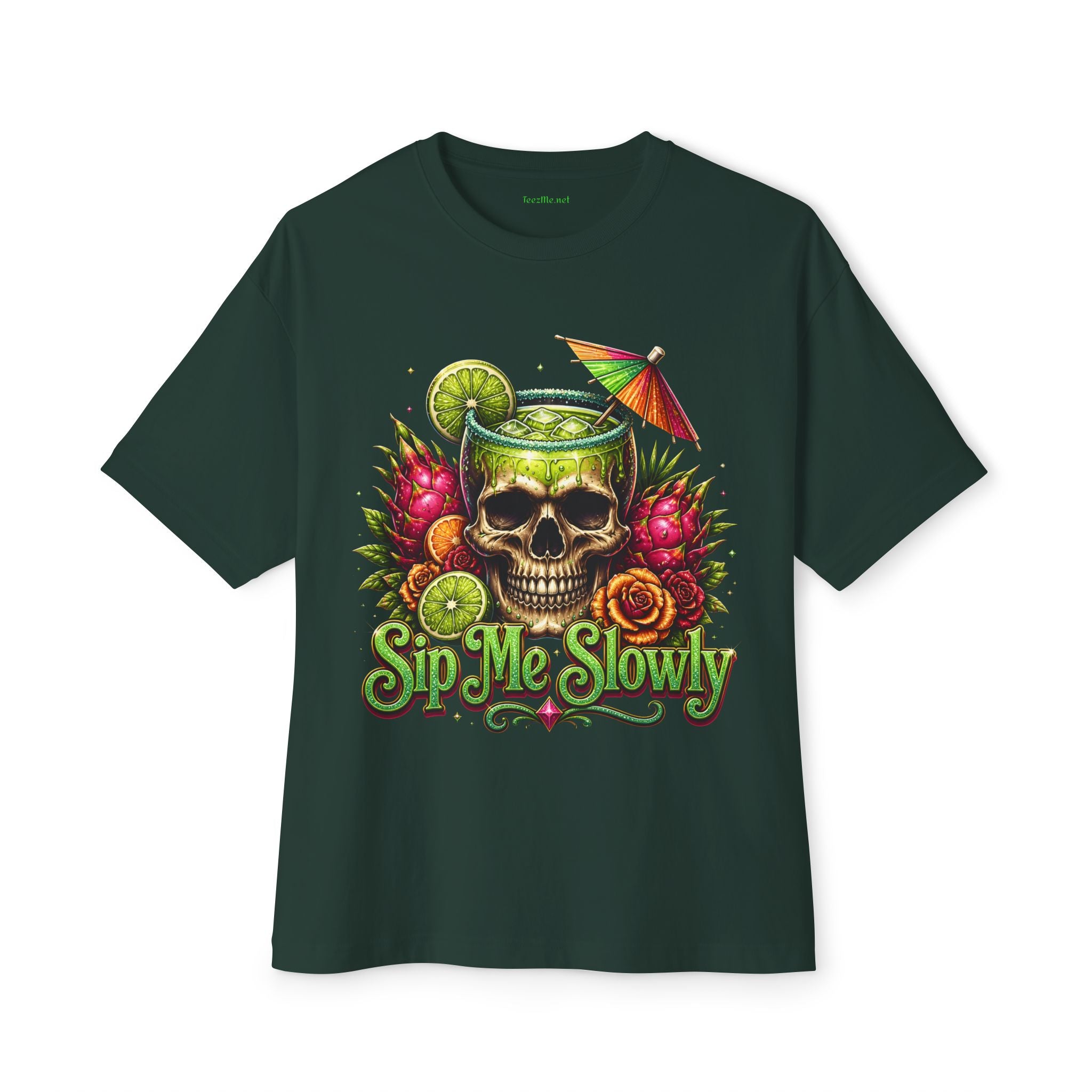 Skull Cocktail Tee — 'Sip Me Slowly' Tropical Skull Graphic T-Shirt