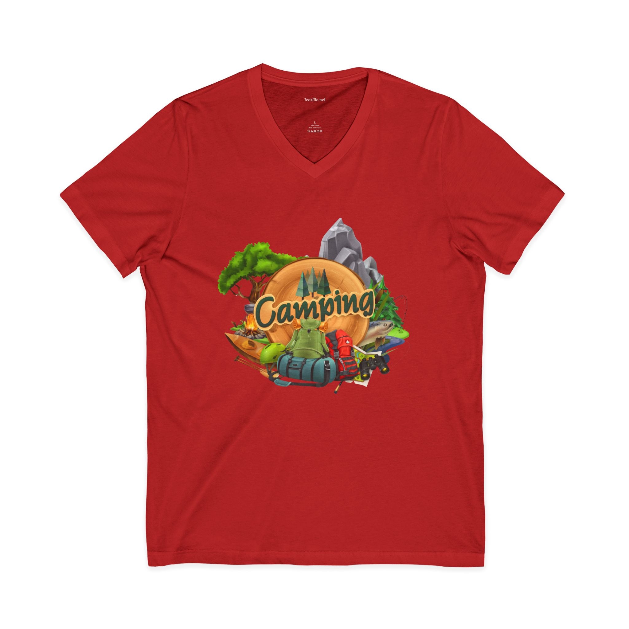 Camping Graphic V-Neck Tee — Outdoor Adventure Tent & Campfire Shirt