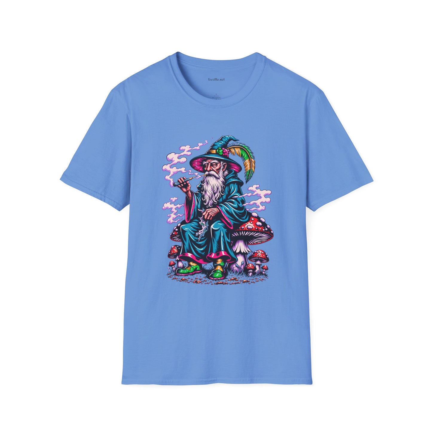 Psychedelic Smoking Wizard on Mushrooms Fantasy Unisex Softstyle T-Shirt 100% Cotton Graphic