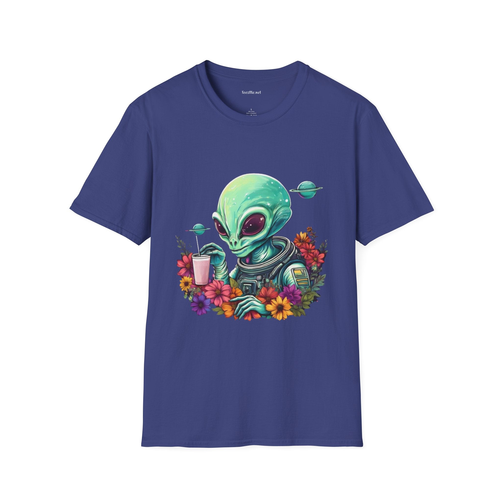 Alien Drinking in Space Unisex Softstyle T-Shirt 100% Cotton Graphic
