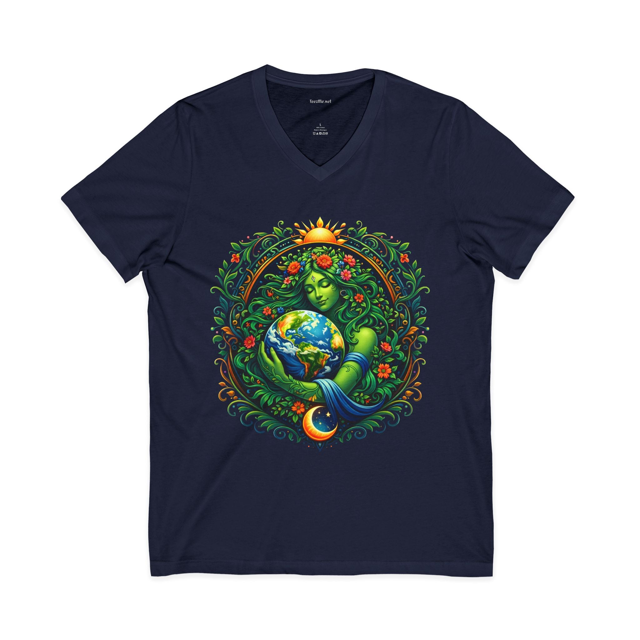 Earth Goddess V-Neck Tee — Mother Nature Embrace Eco Love Shirt