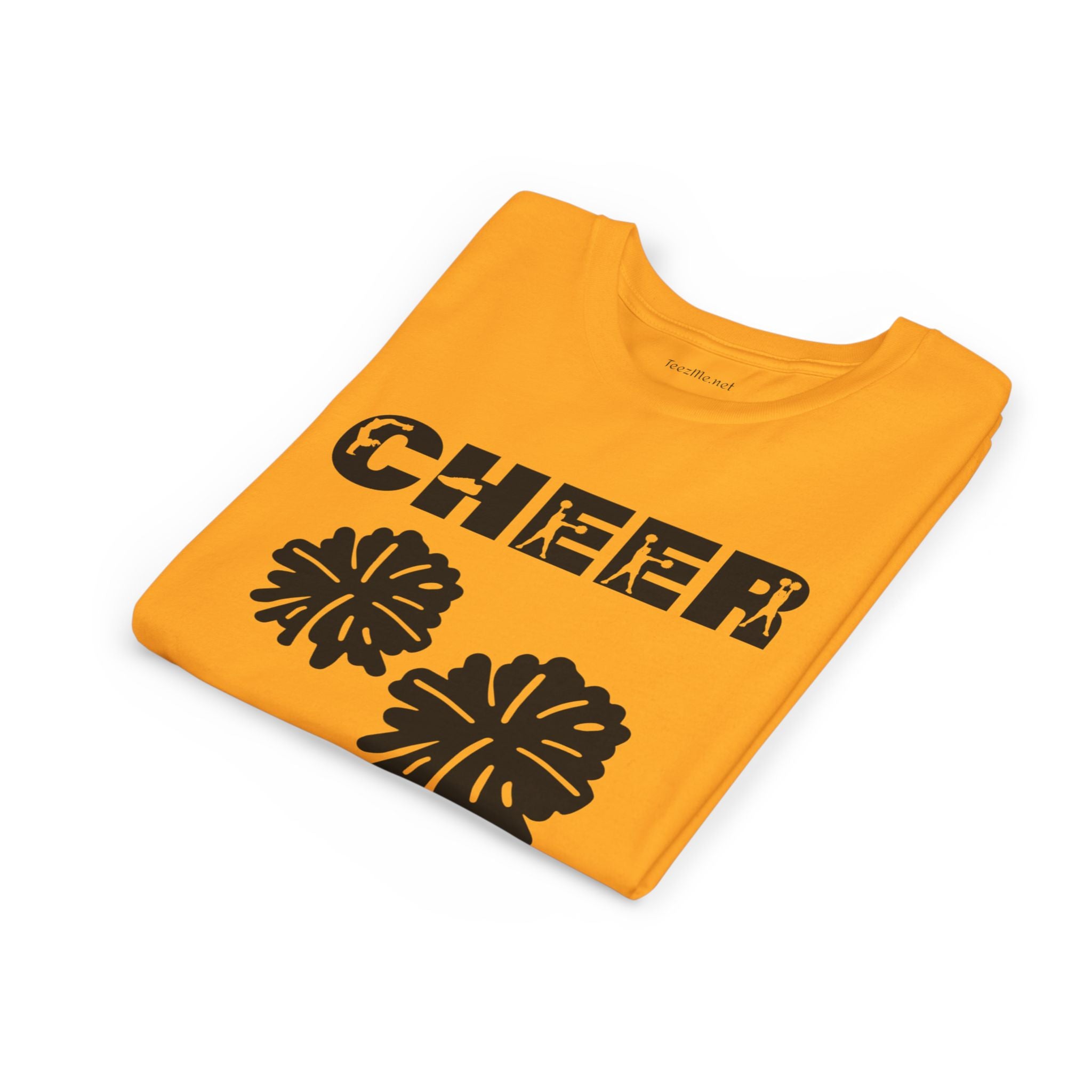 Youth Cheer T‑Shirt – 'CHEER' Graphic with Pom Poms | Kid Cheerleader Tee for Practice & Games