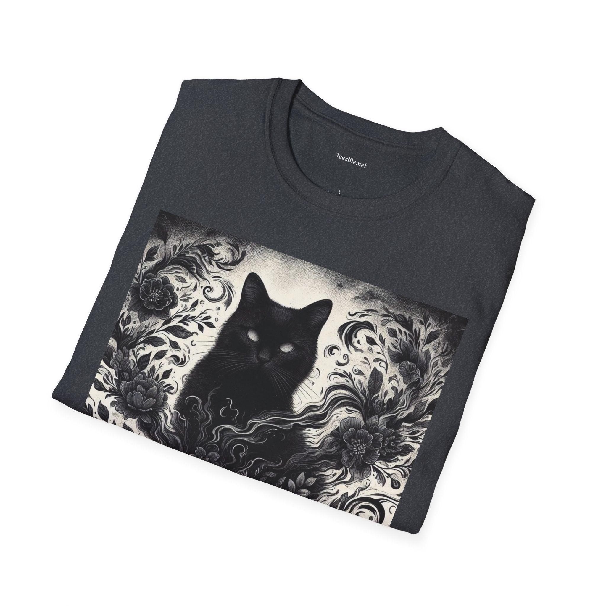 Black Cat Floral -Shirt 100% Cotton Graphic