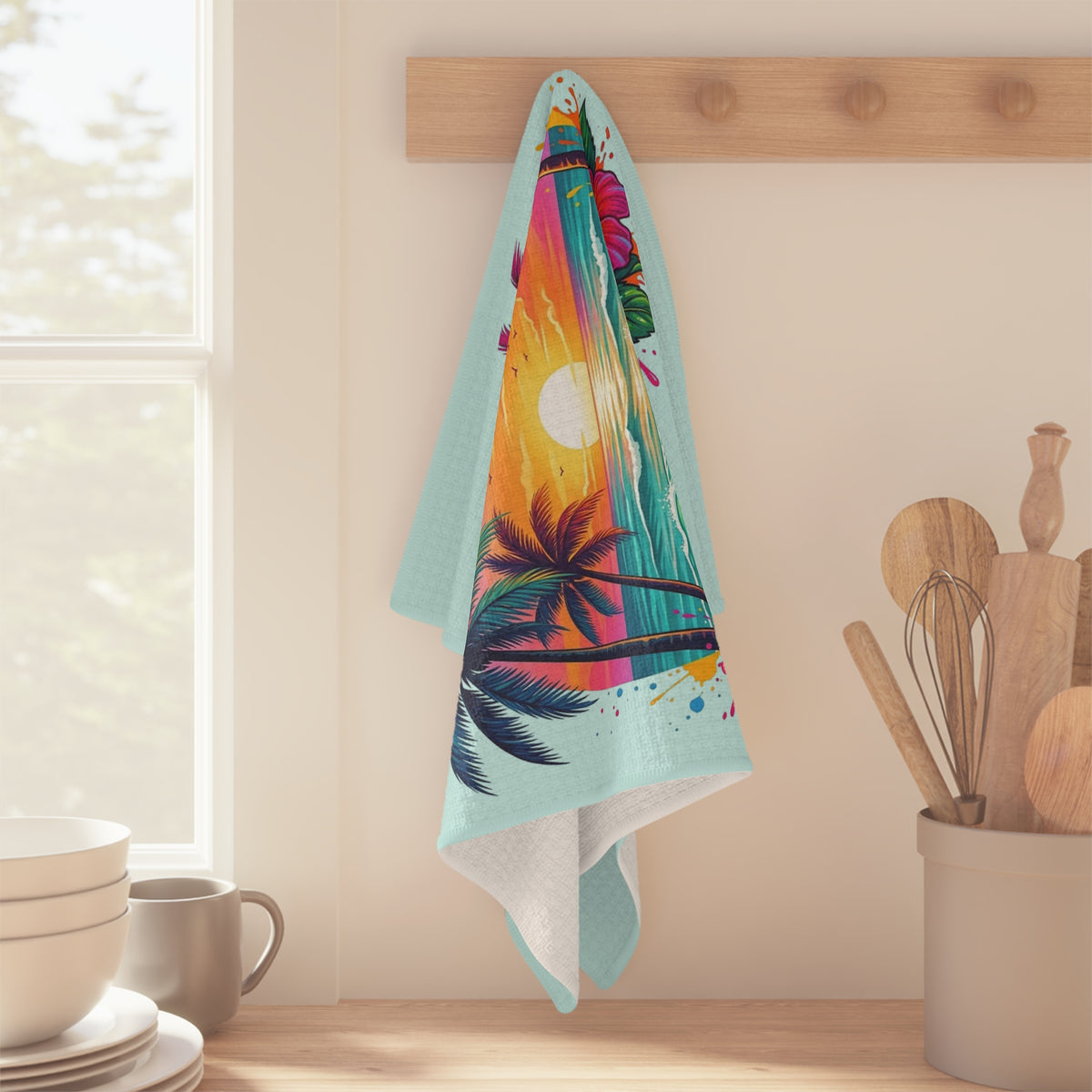 Tropical Sunset Tea Towel — Vibrant Palm Beach Design with Hibiscus