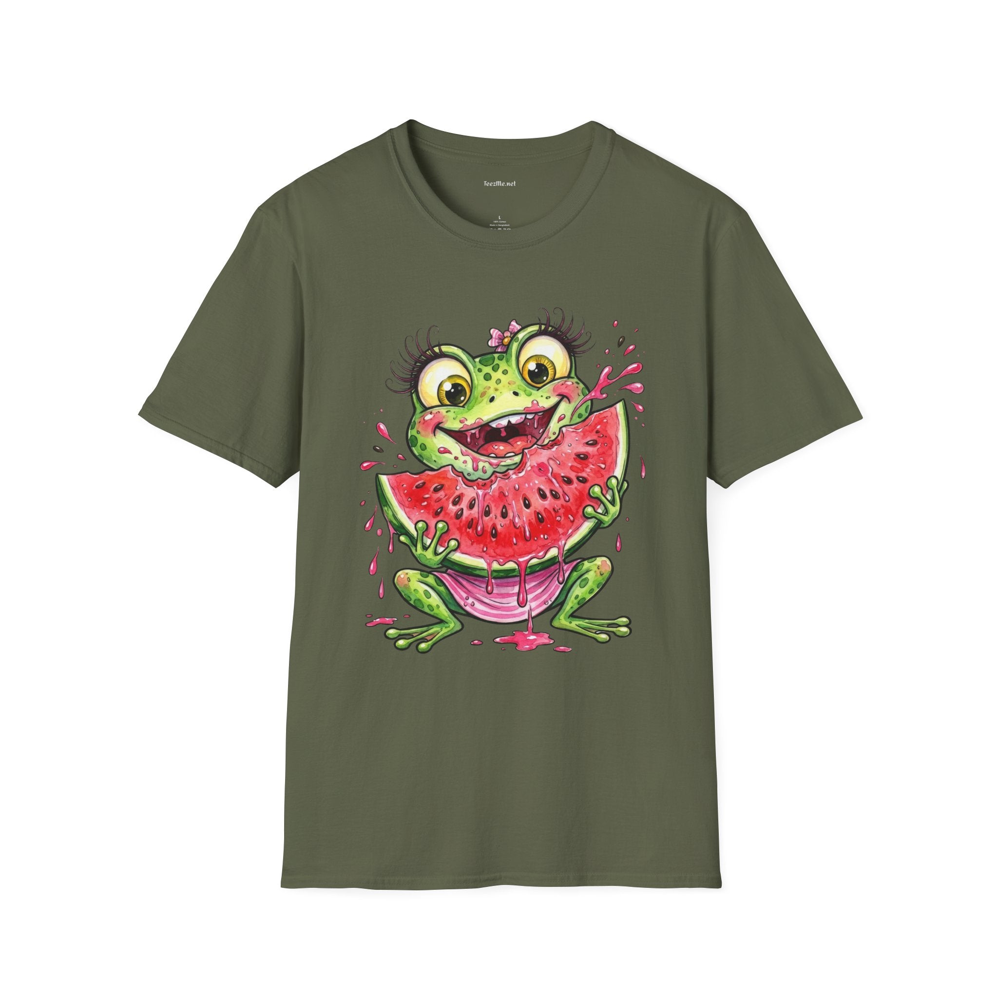 Kawaii Frog Eating Watermelon Unisex Softstyle T-Shirt 100% Cotton Graphic