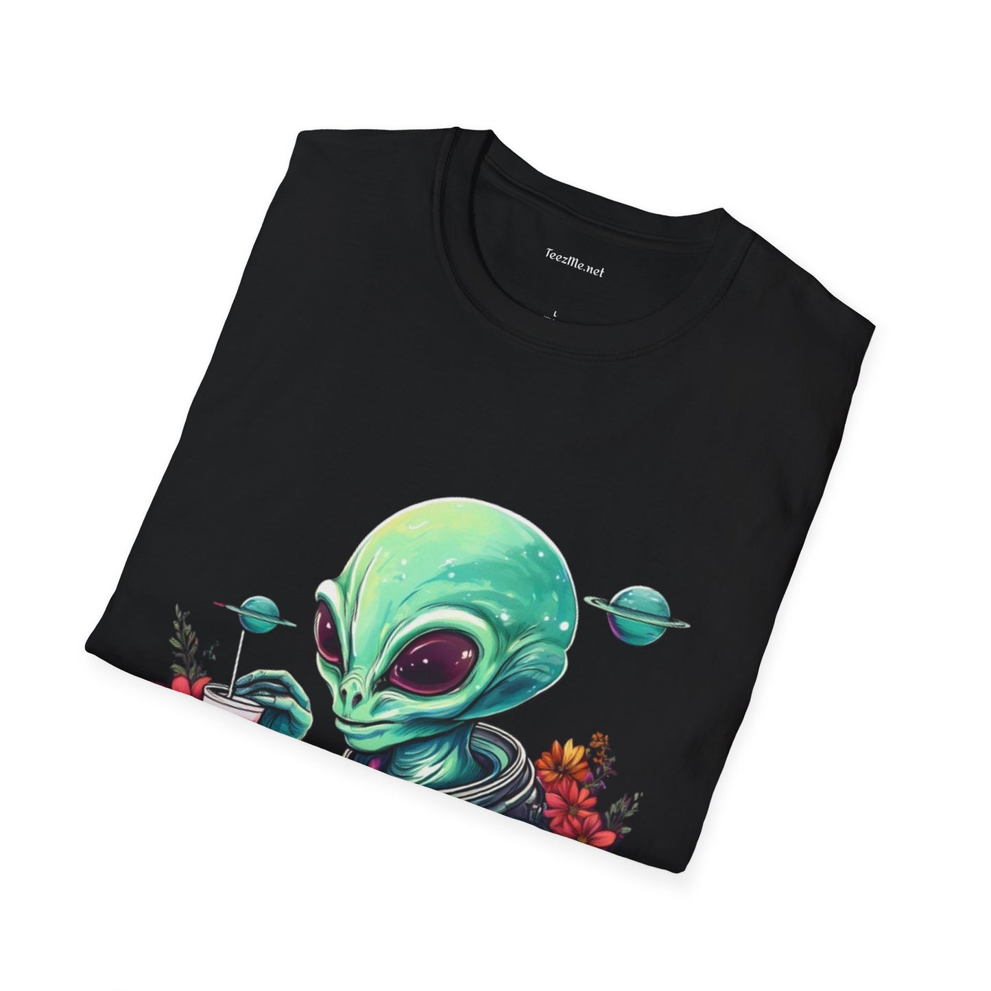 Alien Drinking in Space Unisex Softstyle T-Shirt 100% Cotton Graphic