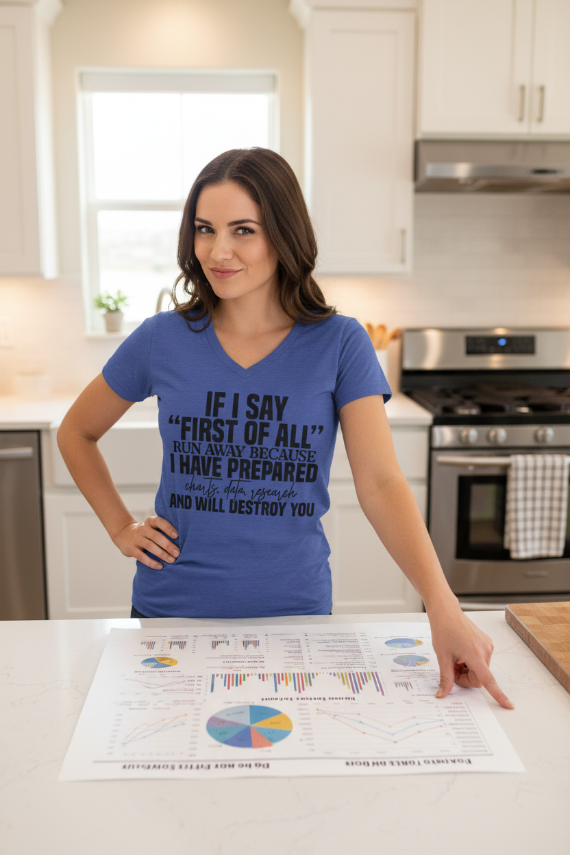 V-Neck Tee — "If I Say 'First of All' I Have Prepared" Funny Sarcastic Statement Shirt
