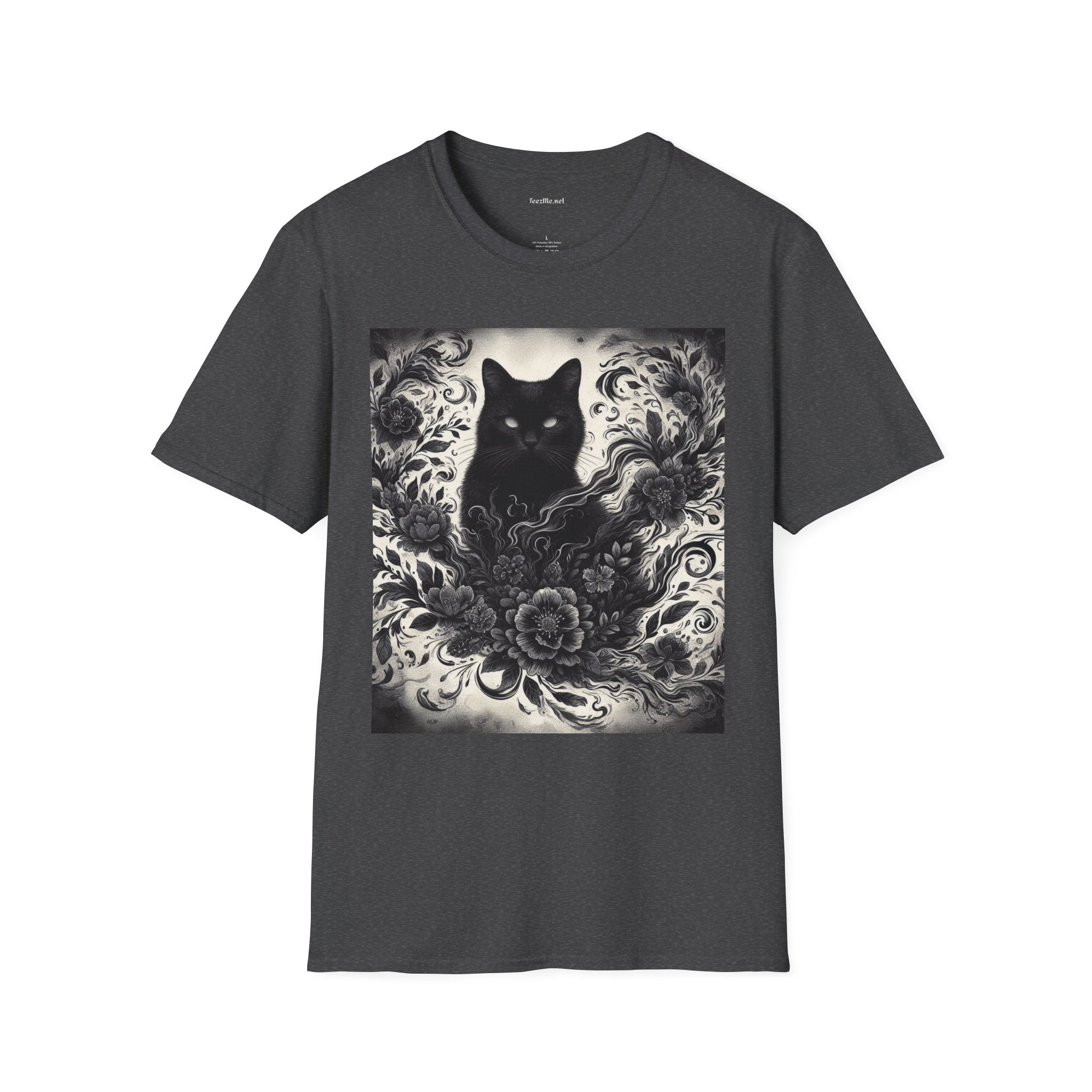 Black Cat Floral -Shirt 100% Cotton Graphic