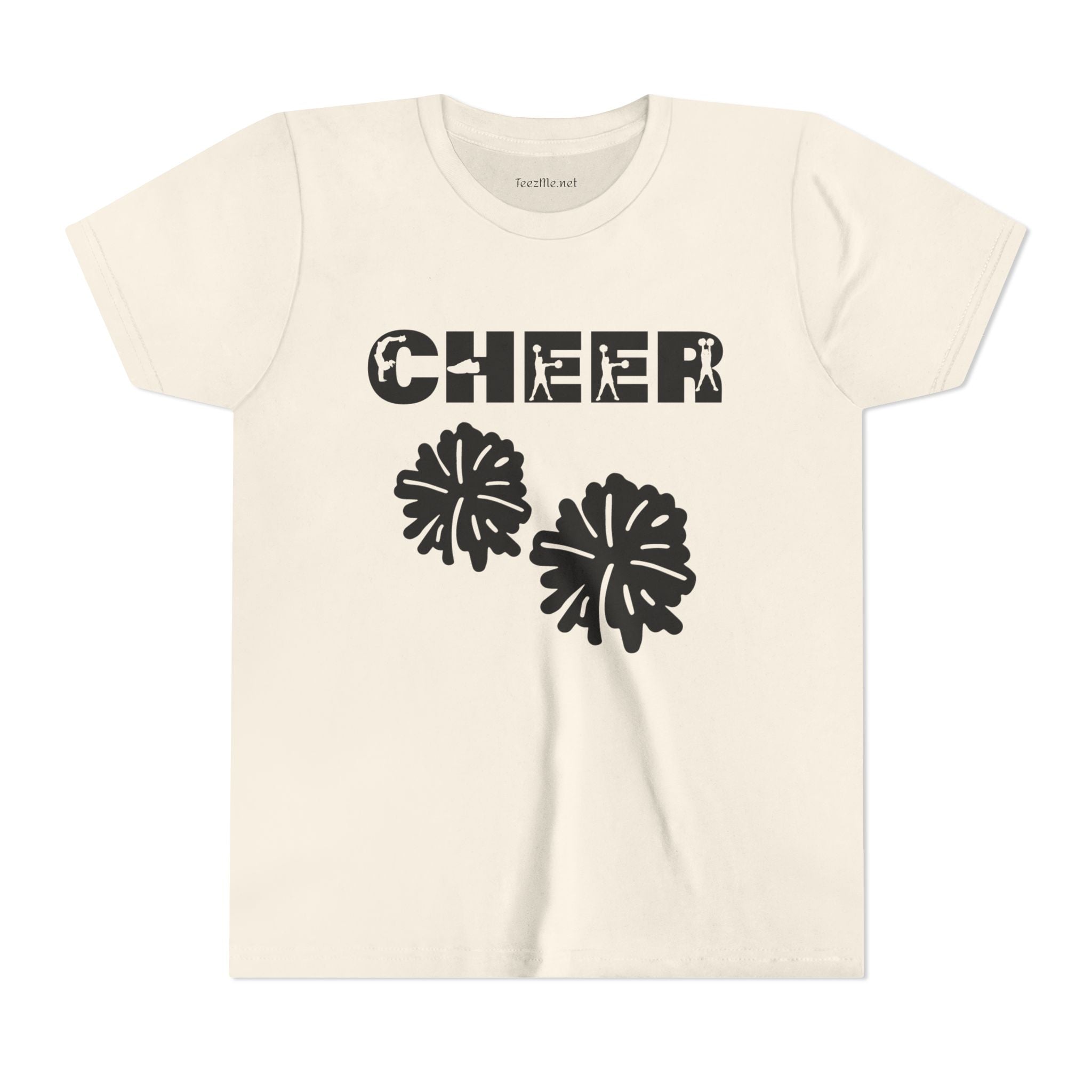 Youth Cheer T‑Shirt – 'CHEER' Graphic with Pom Poms | Kid Cheerleader Tee for Practice & Games