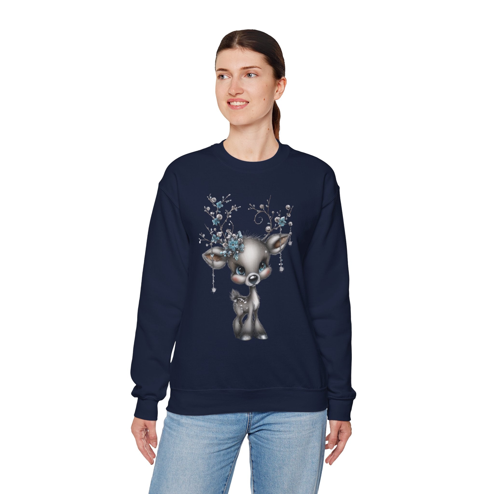 Winter Floral Reindeer Unisex Heavy Blend™ Crewneck Sweatshirt