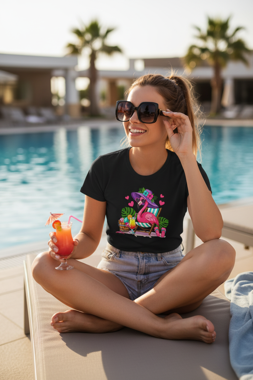 Chic Beach Flamingo Unisex Softstyle T-Shirt 100% Cotton Graphic
