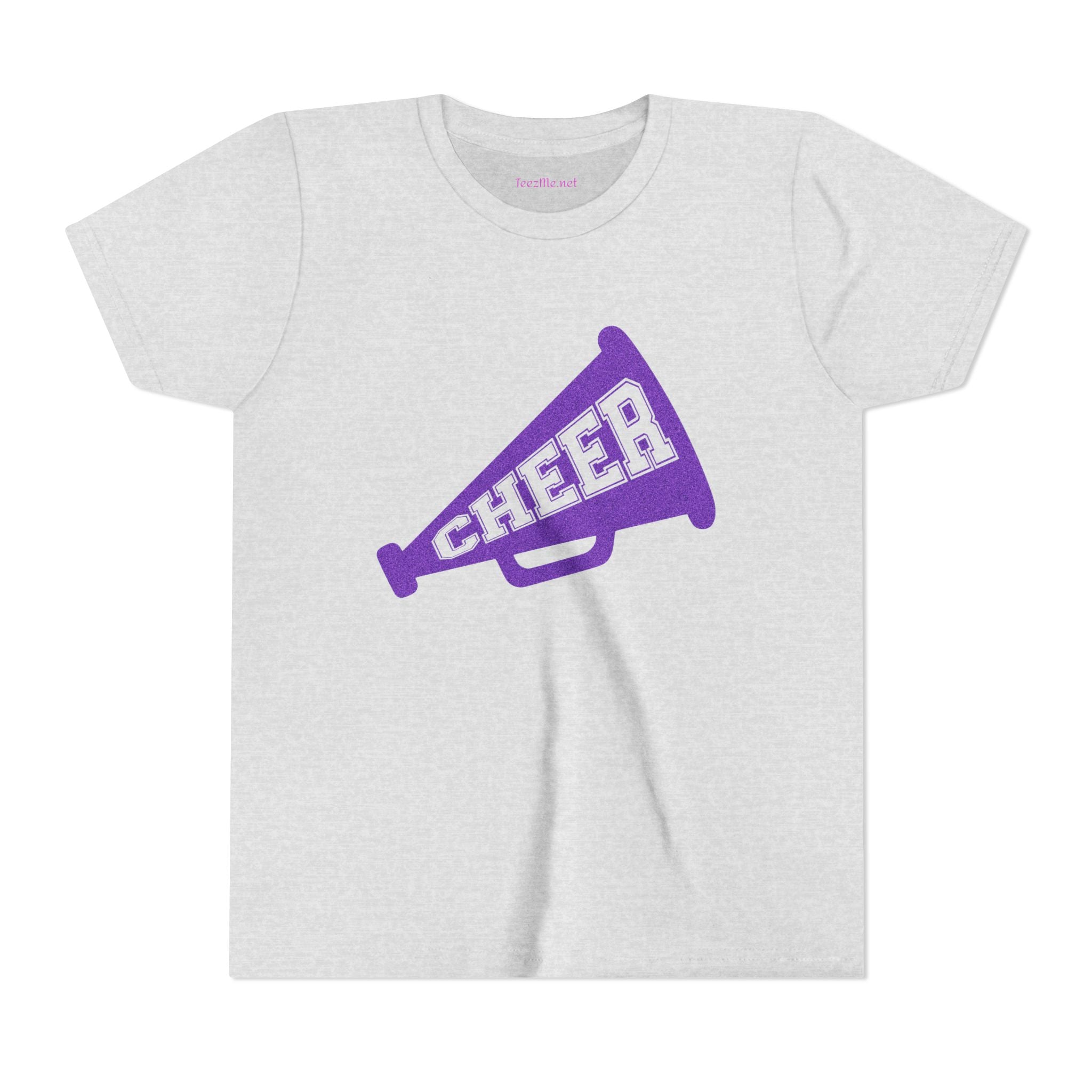 Youth Cheer Megaphone T‑Shirt — Purple Cheer Graphic Tee for Kids