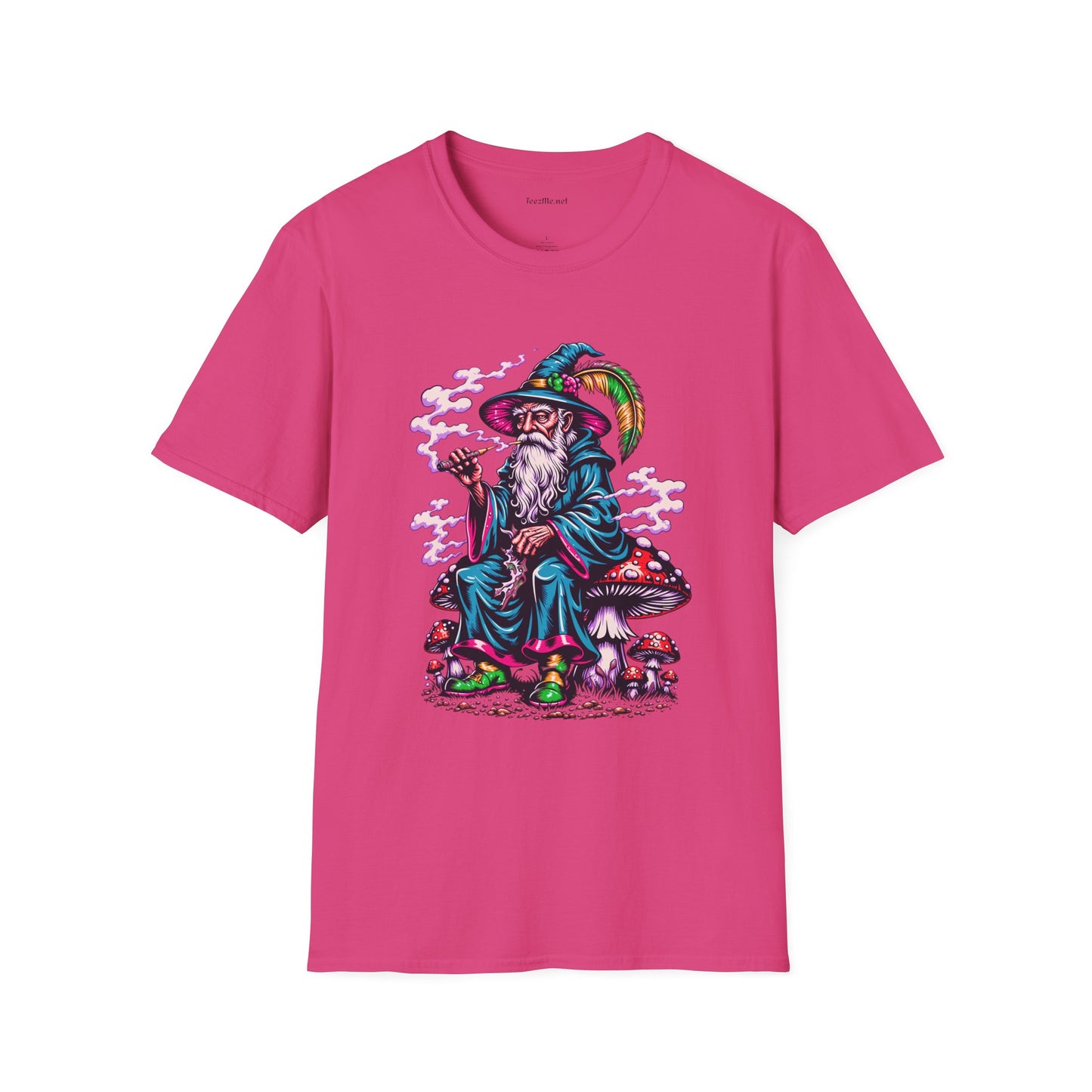 Psychedelic Smoking Wizard on Mushrooms Fantasy Unisex Softstyle T-Shirt 100% Cotton Graphic