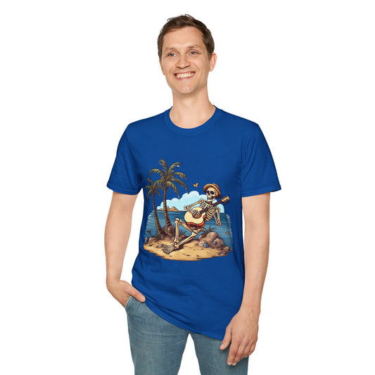 Skeleton with Guitar under palm tree - Unisex Softstyle T-Shirt 100% Cotton Graphic