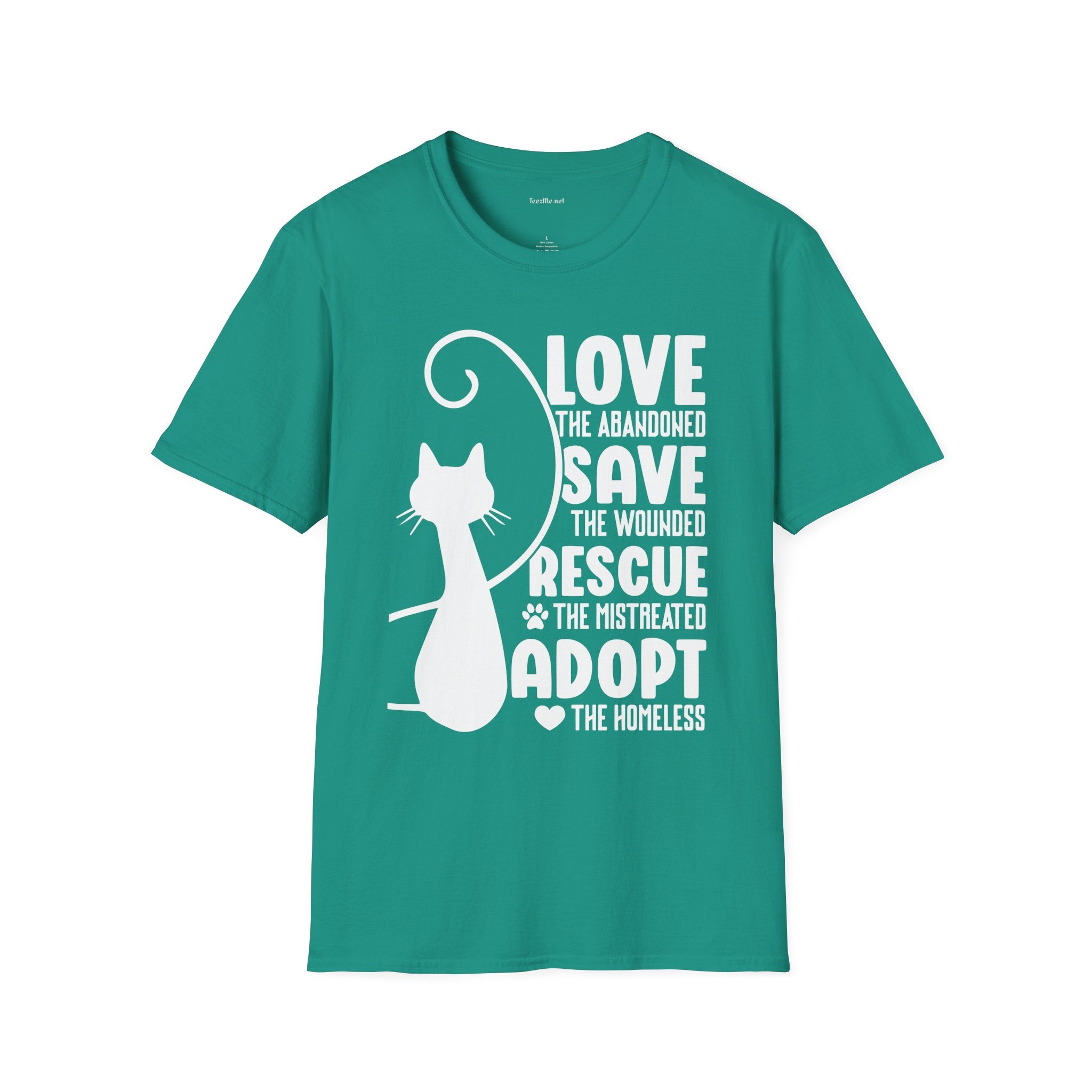 Cat Rescue T-Shirt — "Love the Abandoned, Save the Wounded" Adoption Tee