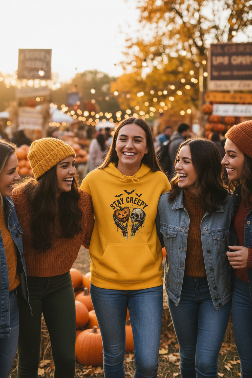 Stay Creepy Halloween Hoodie — Pumpkin & Skull Graphic Hooded Sweatshirt